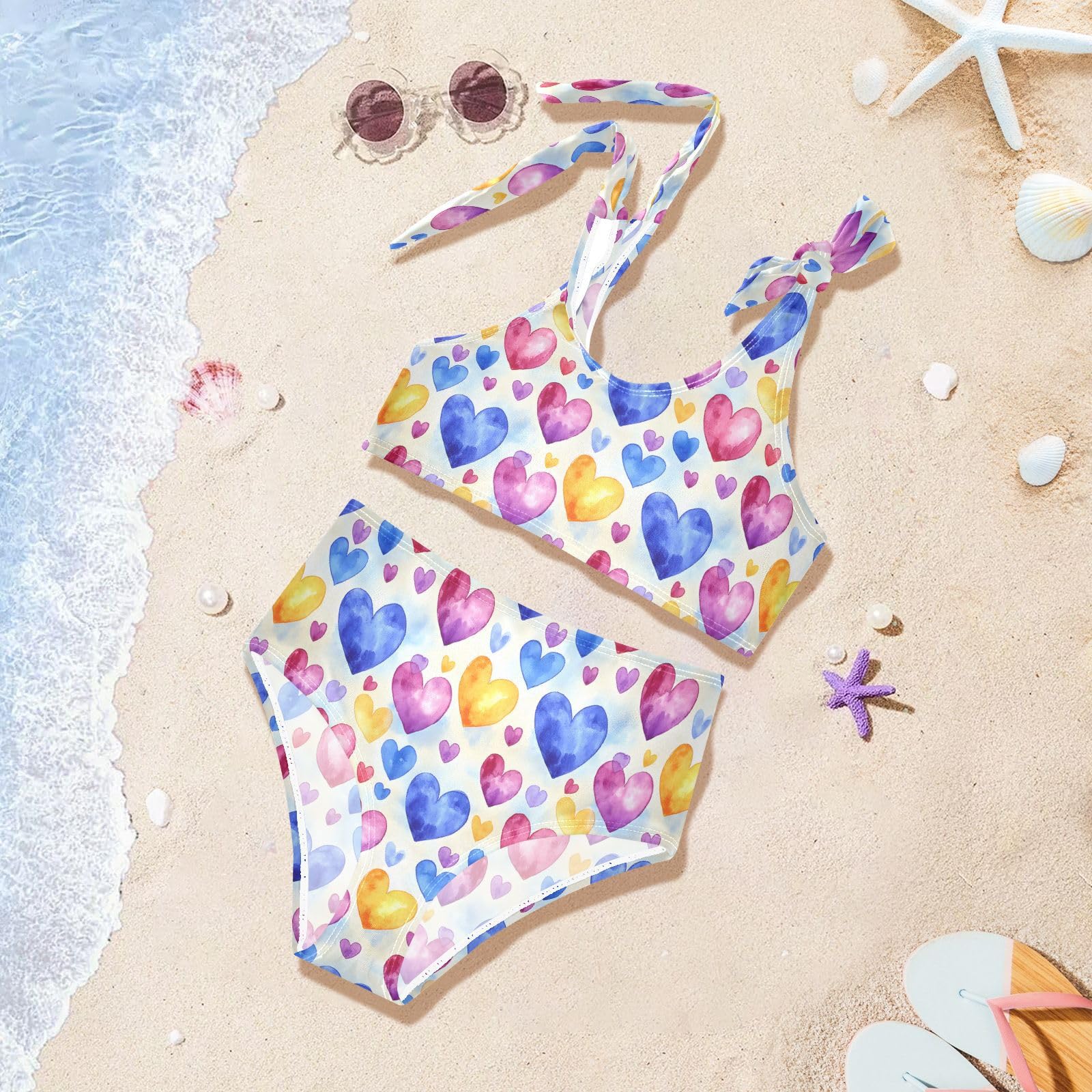 Watercolor Heart Pattern Girls Two Piece Tankini Swimsuits Summer Bathing Suit Beach Swimwear Set, 4T Multicoloured