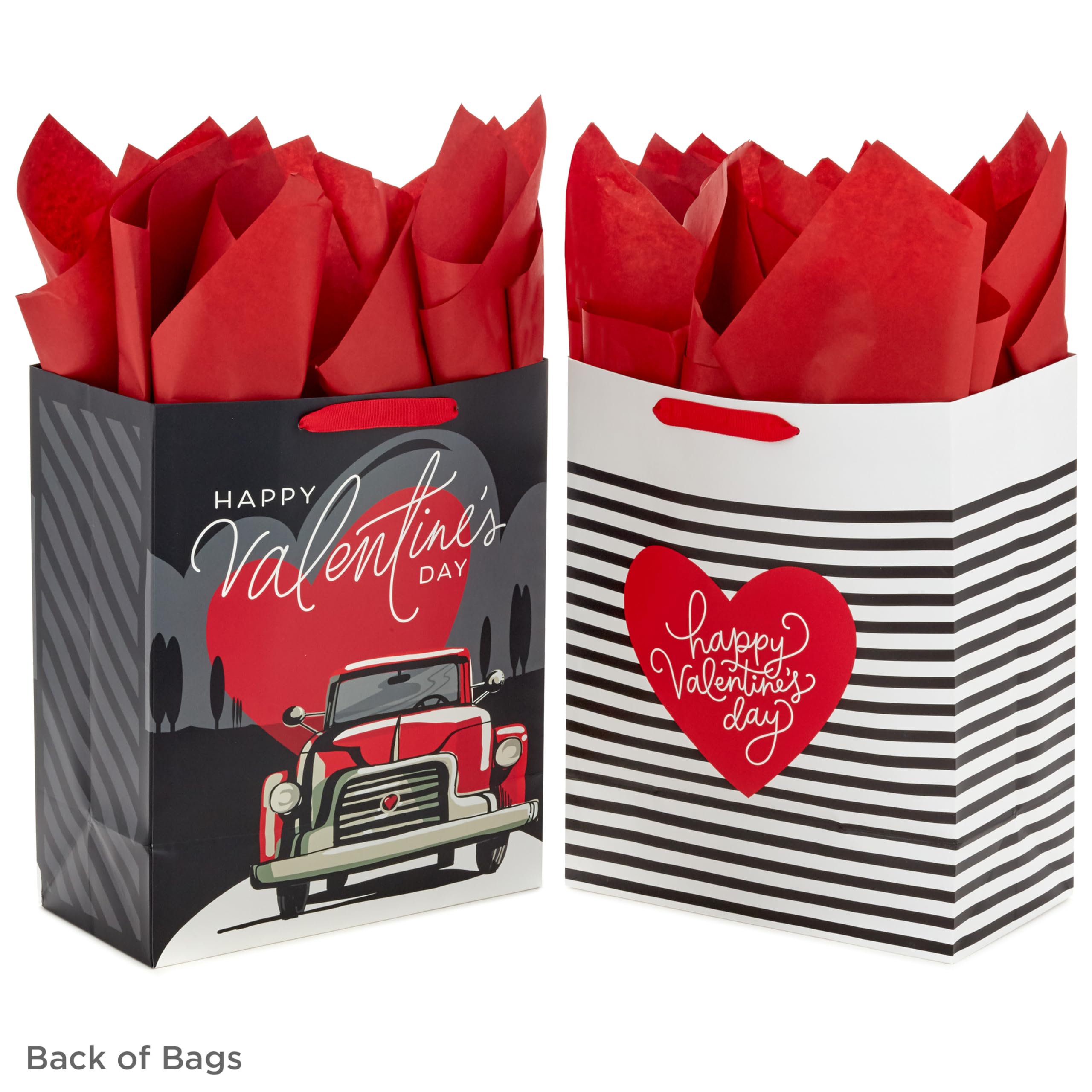 Hallmark 13" Large Valentine's Day Gift Bags With Tissue Paper (Stripes and Red Truck 2-Pack)