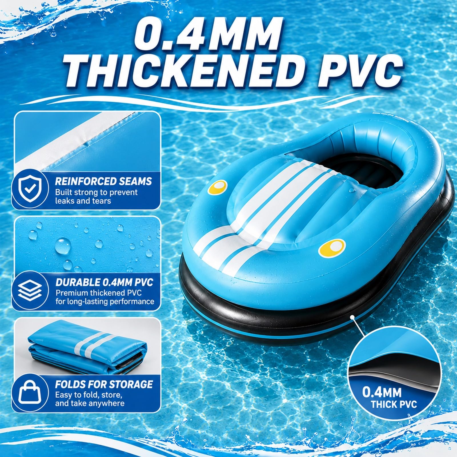 Bateau Auto-Tamponneur Électrique Gonflable et Flotteur Motorisé Adulte | Bouée Tamponneuse à Moteur 50W avec Rotation 360°, Joystick, Capacité 120kg, Pompe Sans Fil et 2 Batteries