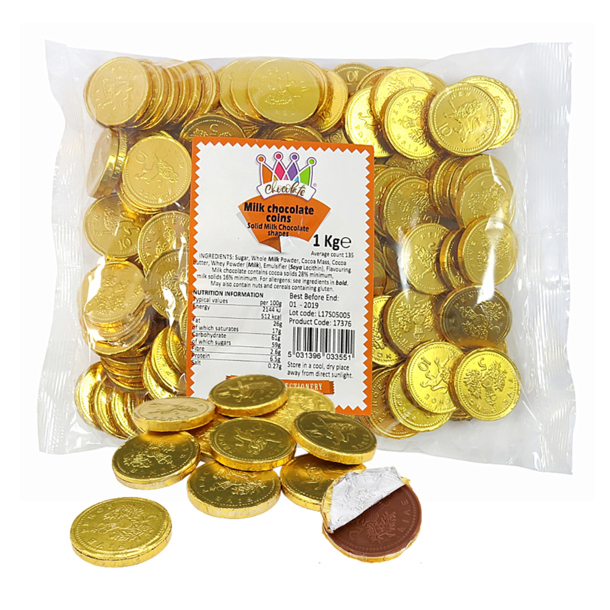 Milk Chocolate Coins for Kids - Solid Chocolate Gold Foiled Coins in 1kg Sweets Bulk with Topline Card. Great fot Chocolate Hamper, Stocking Fillers, Christmas Gifts or Birthday Party Bag Fillers