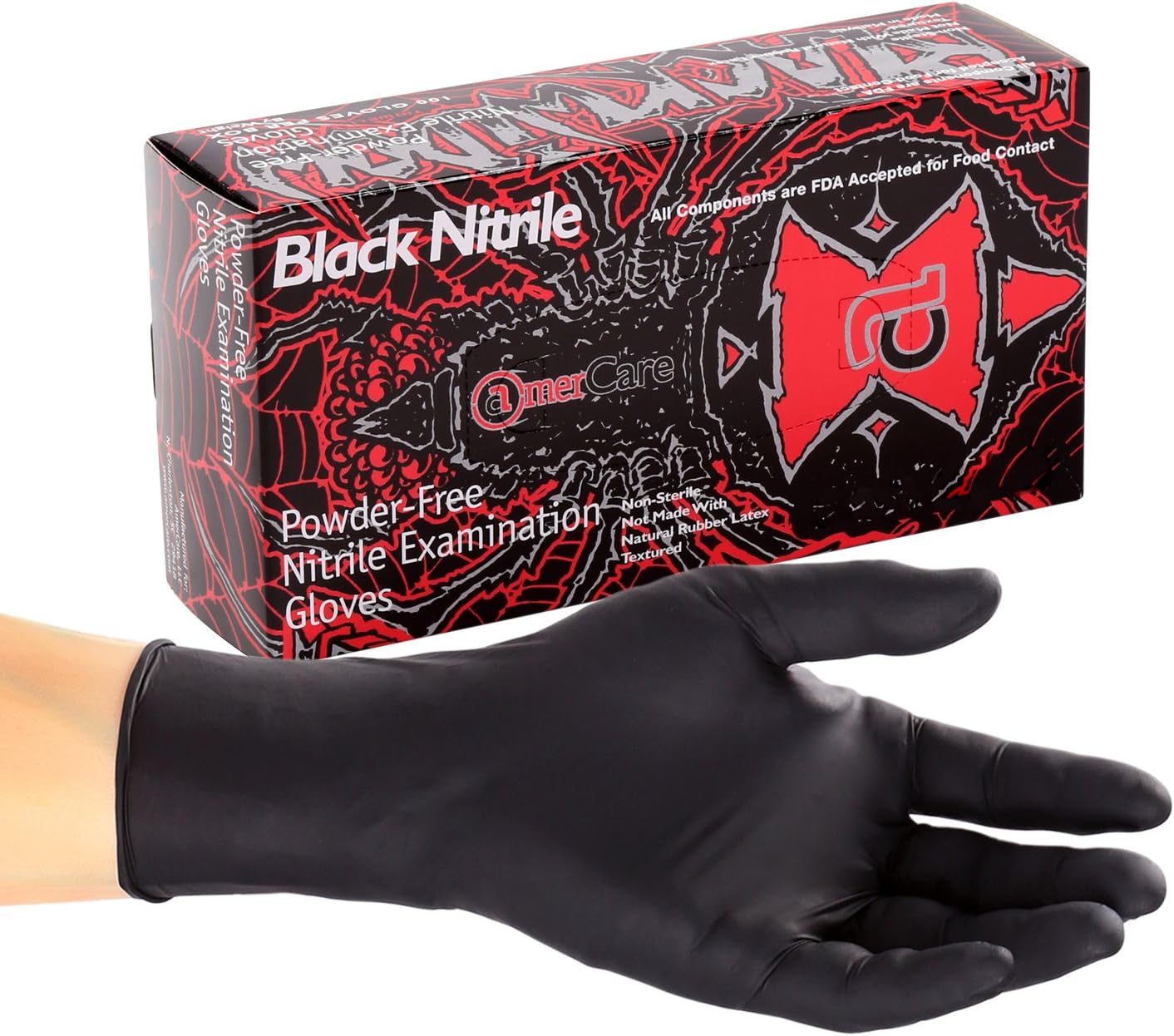 AmerCareRoyal Black Widow Nitrile Latex Free Disposable Gloves - Powder-Free, Exam Grade Gloves with Textured Grip - Small, Black, Case of 1000