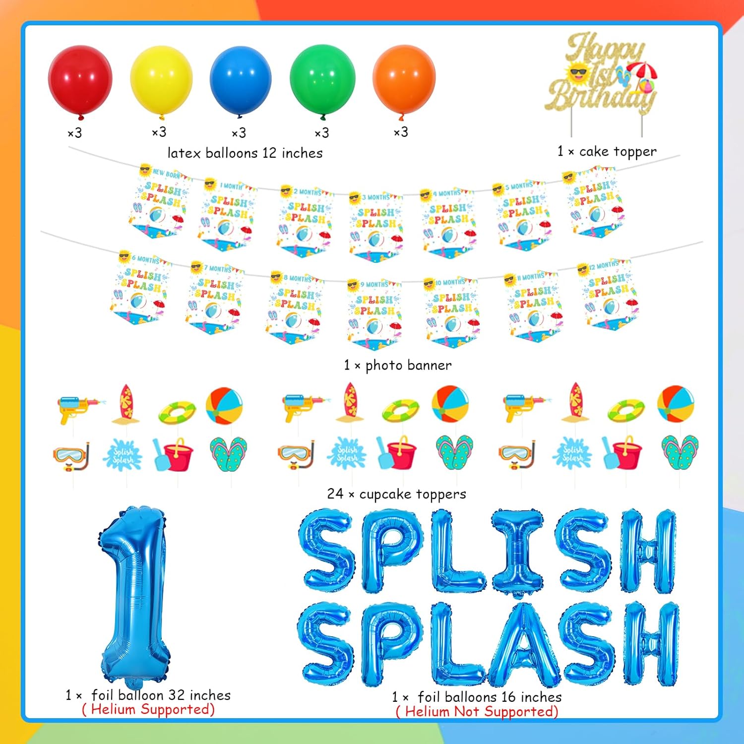 Splish Splash 1st Birthday Decorations for One Year Old Boy, Summer Pool Party Themed First Birthday Party Supplies with Photo Banner Cake Topper Cupcake Toppers Balloons - Image 6