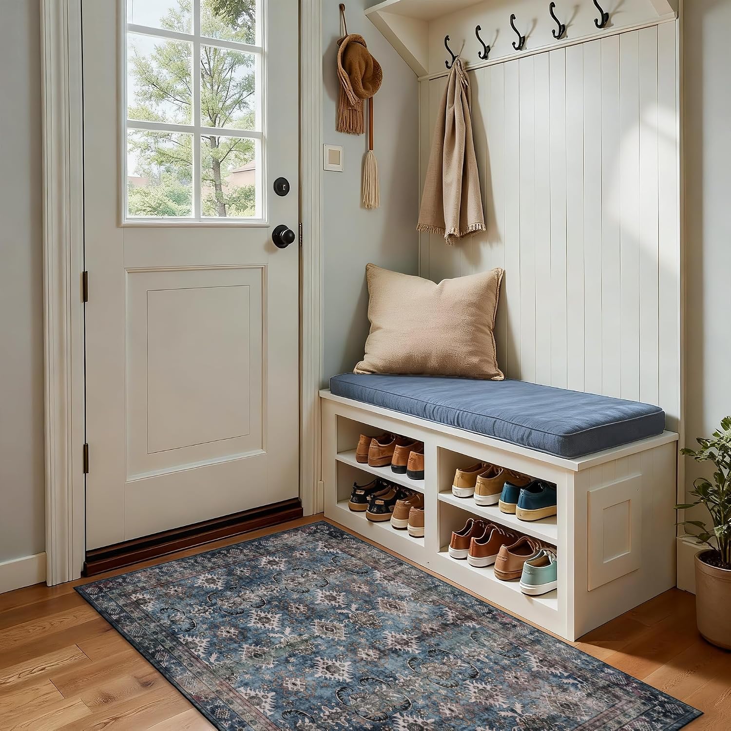 Washable Area Rug 3x5: Vintage Small Rugs and Mats for Entryway Kitchen Bathroom Bedroom Indoor - Non-Slip Stain Resistant Thin Low Pile - Navy Blue