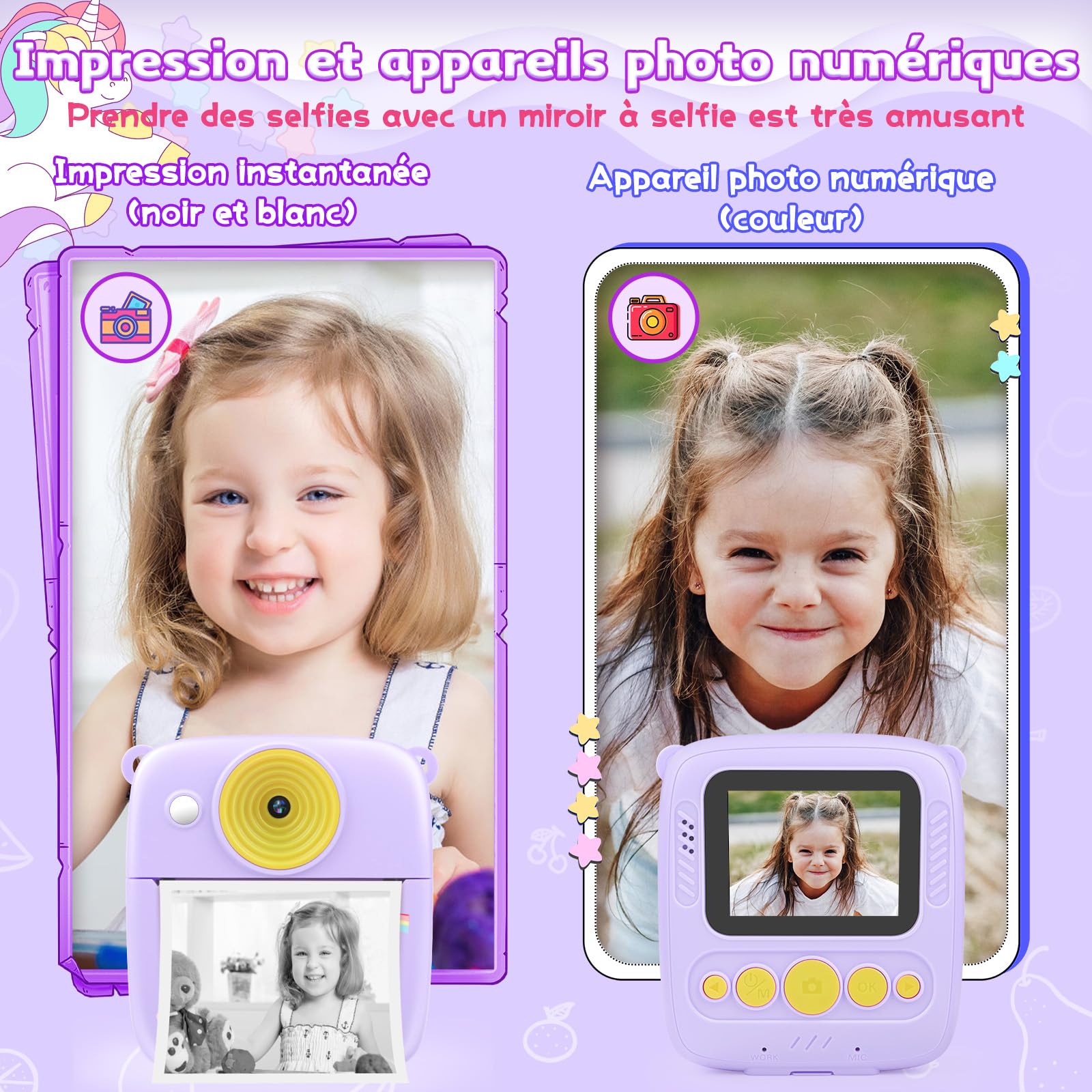 Aparat natychmiastowy dla dzieci, aparat natychmiastowy 48 MP dla dzieci z kartą 32 GB i papierem do drukowania, aparat cyfrowy dla dzieci 1080P, prezent dla chłopców - fioletowy
