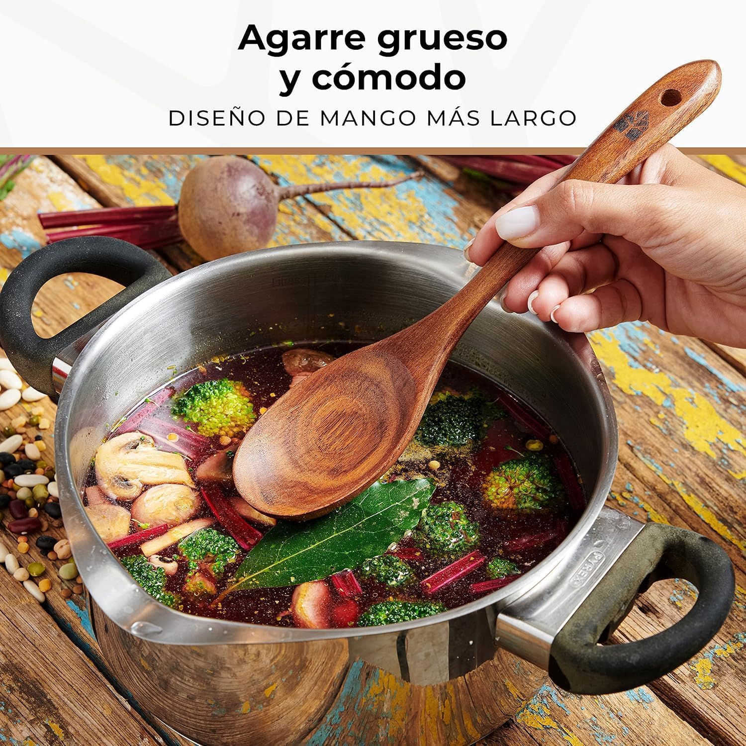 Utensilios de Cocina Madera 10 Pzas para Cocinar - Set de Espátulas y Cucharones de Cocina - Madera de Teca, Antiarañazos. Accesorios Cocina con Agarre Cómodo para Sartenes Antiadherentes