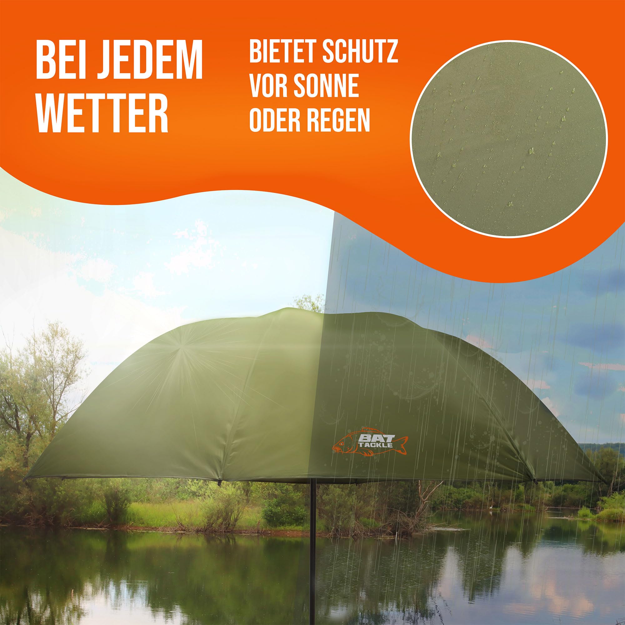 Nubrolly Angelschirm – Wasserdichtes PVC – 250cm oder 300cm Bogenmaß – 45° Neigungswinkel – Robuster Schirm für Angler – Inkl. Aluminiumstange – Sturmfest & UV-Schutz – Olivgrün
