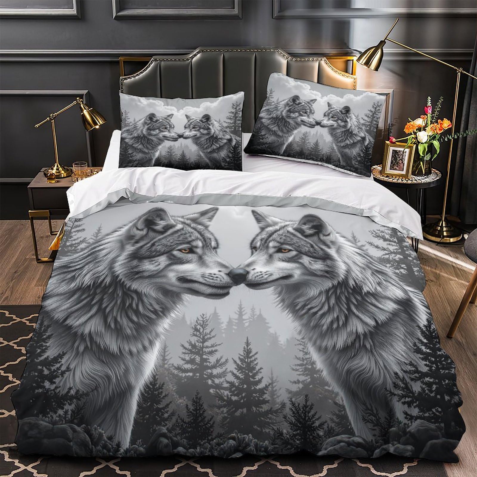 Parure de lit loup 3D housse couette 260x220 microfibre super king