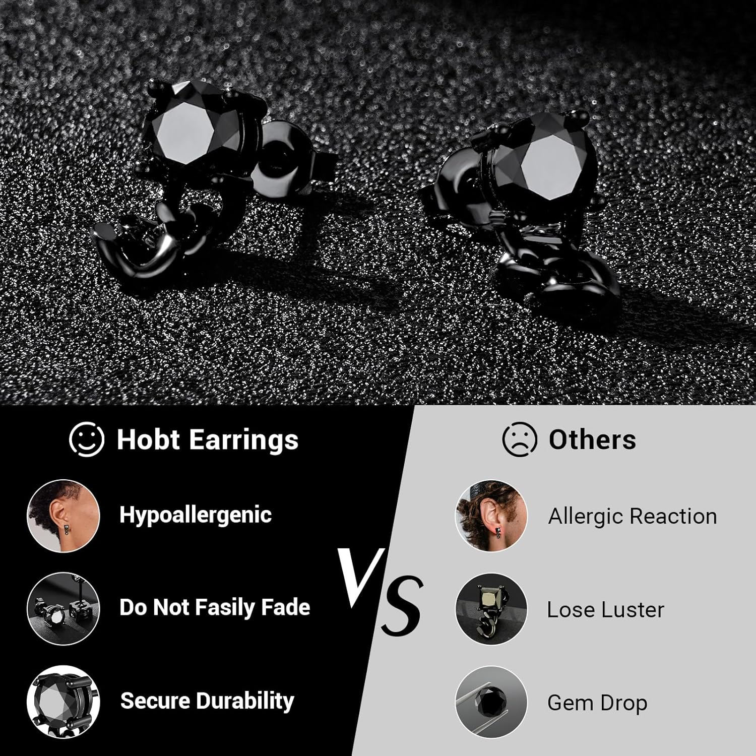Black Moissanite Stud Earrings for Men Women with Dangling Cuban Links Hypoallergenic Punk Hoop Earrings Mens Jewelry Gifts