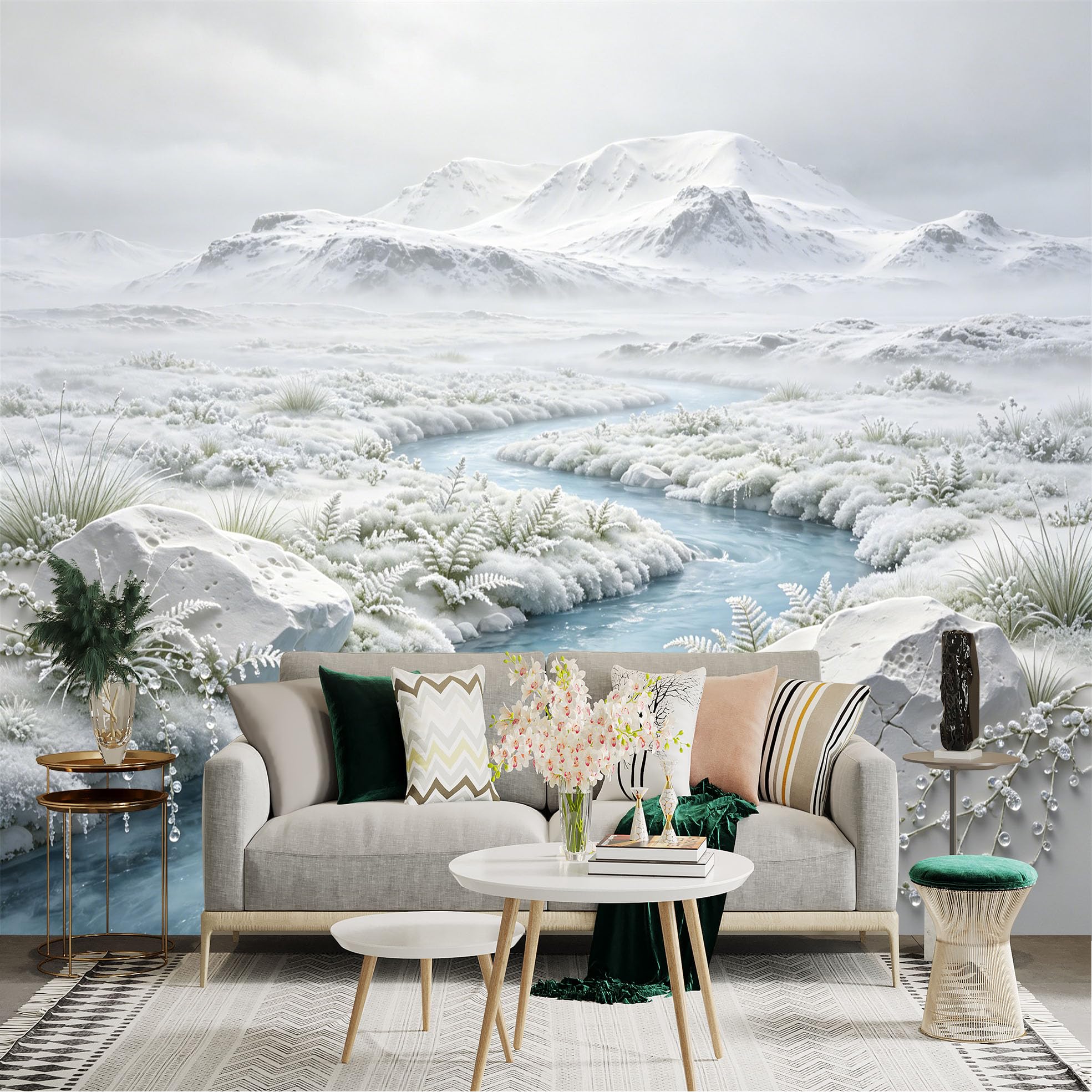 Custom Size Wall Sticker Mural， Winter Landscape with Snowy Mountains， Frozen River and Frosted Plants， for wall Decoration， peelandstick wall Decals.