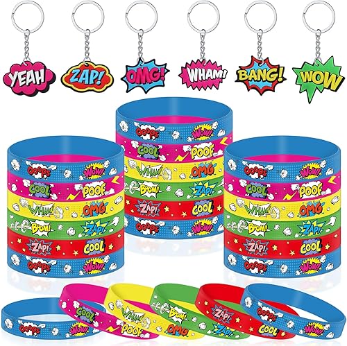 Capoda Juego de 60 pulseras de silicona de héroe, llaveros de piñata para niños, premios de aula, carnaval, bolsas de regalo, recompensas, tema de