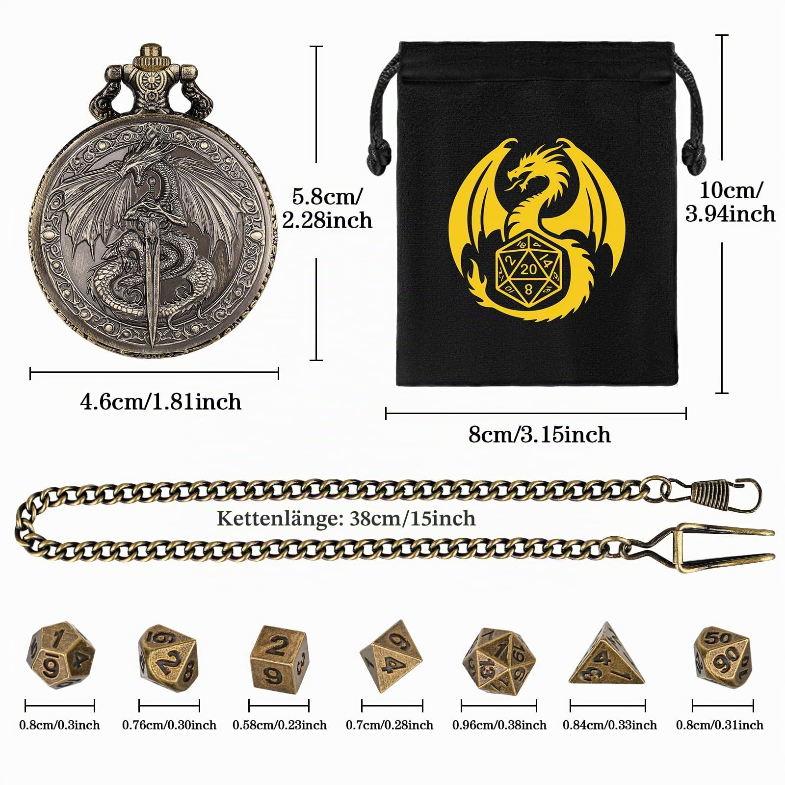 Mini DND Würfel Set, mit Steampunk Fliegender Drache und Schwert Taschenuhrgehäuse, 7-teilige Polyedrische Metall D&D Würfel, DND Geschenktüte mit Drachen Logo, Rollenspiel Brettspiel-Zubehör, Bronze