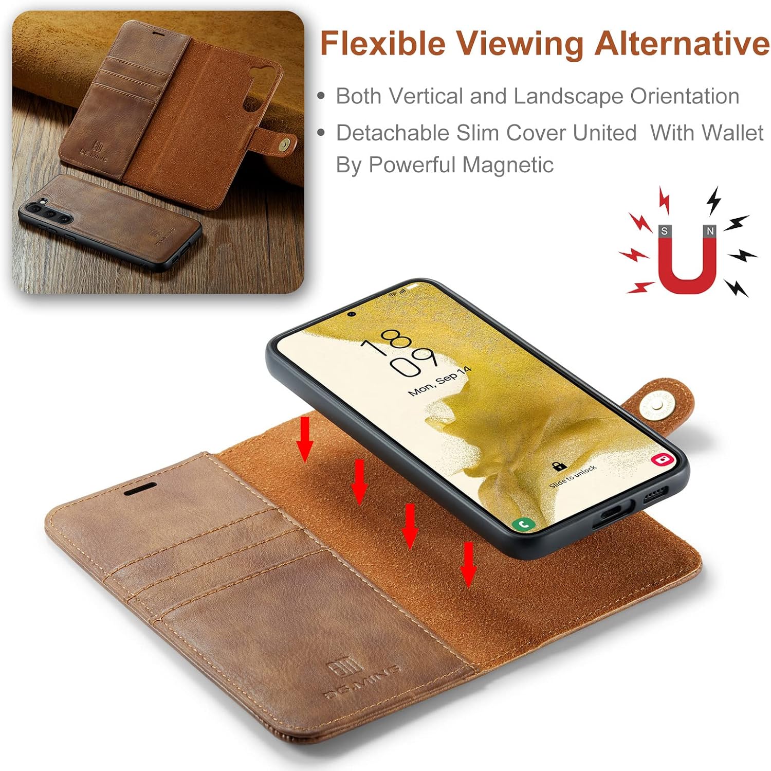 Detachable 2 in 1 Split Magnetic Flip Folio Wallet Case Compatible with Samsung Galaxy S23 Genuine Leather Phone Case with 3 Card Holder Slots Kickstand Shockproof Cover(Brown)