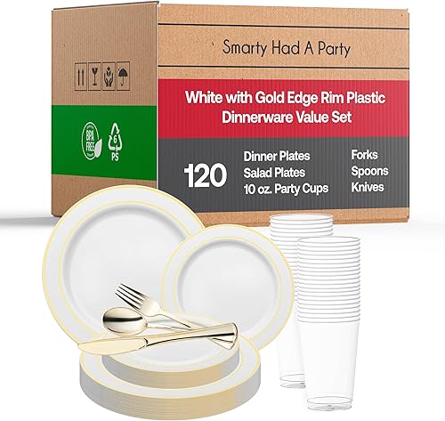 Juego de vajilla de plástico desechable de 720 piezas, 120 invitados, cuadrado negro con borde dorado y platos de postre, juego de cubiertos y tazas