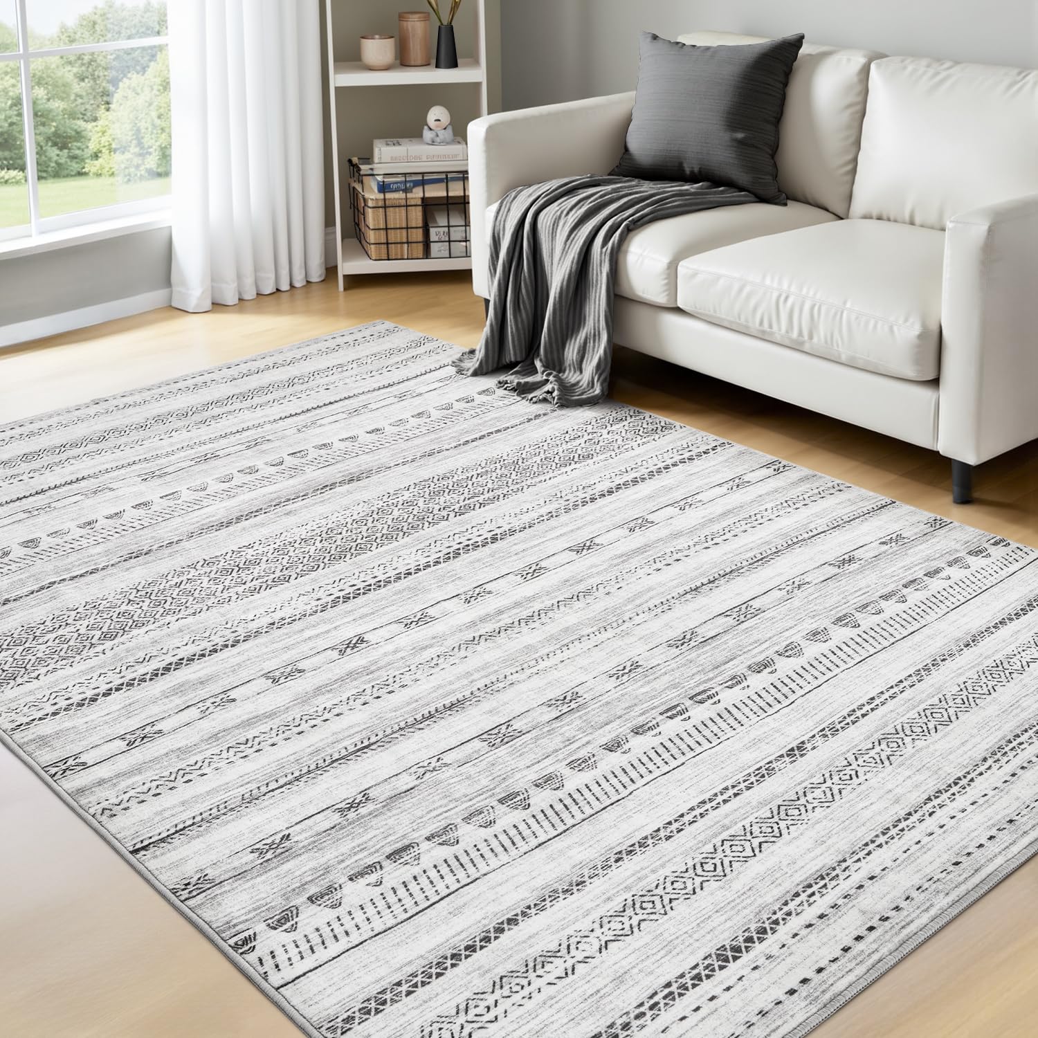 4x6 Area Rugs for Living Room Machine Washable Rug Distressed Indoor Carpet Neutral Moroccan Boho Rug Ultra Soft Area Rug for Bedroom Dining Room