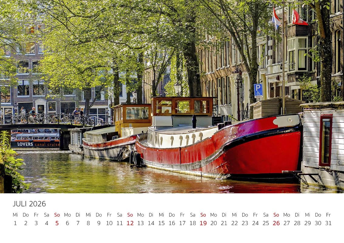 Edition Seidel Kalendarz premium Amsterdam na rok 2026, format DIN A4, kalendarz ścienny, Europa, Holandia, tulipany, kanały, mosty metropolia, panoramę