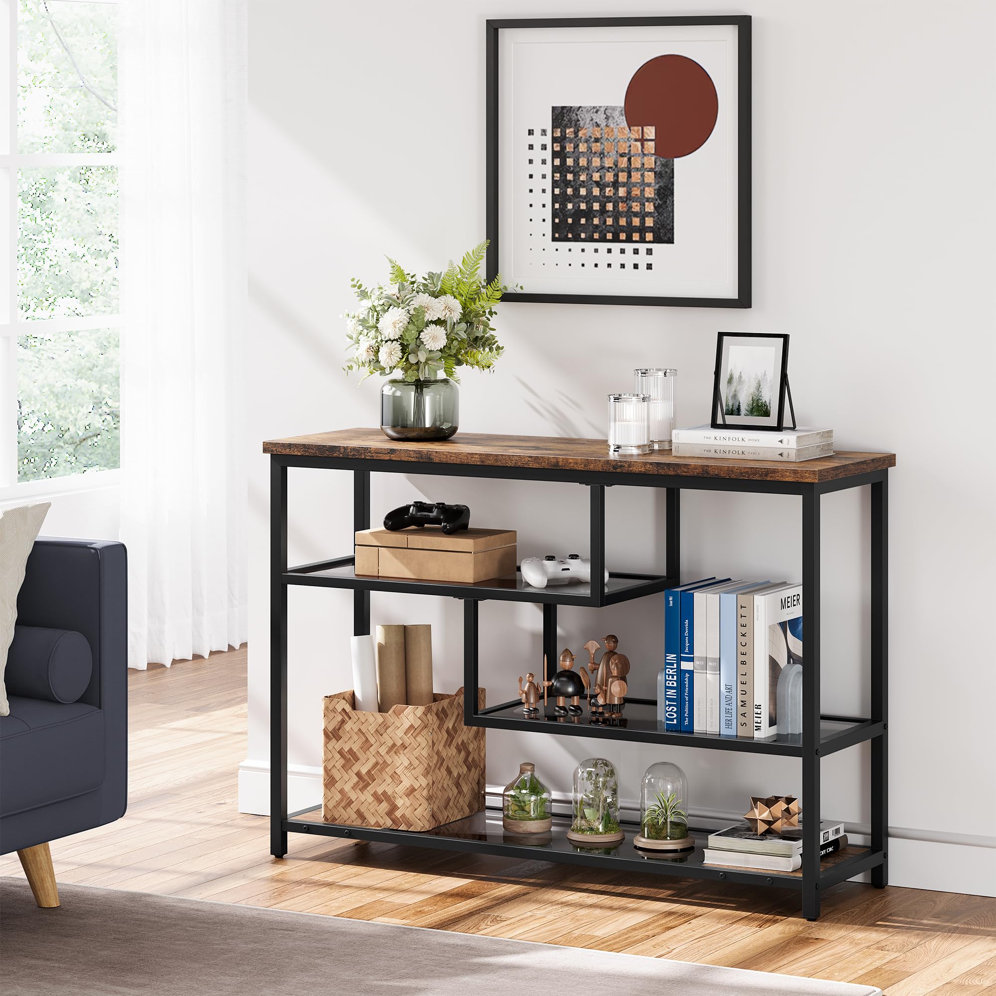 Garvee Mueble de Recibidor, Mesa Consola Estrecha de 4 Niveles, Estilo Industrial para Pasillo, Salón, Recibidor y Detrás del Sofá, Color Marrón Rústico, 100 * 30 * 75 cm
