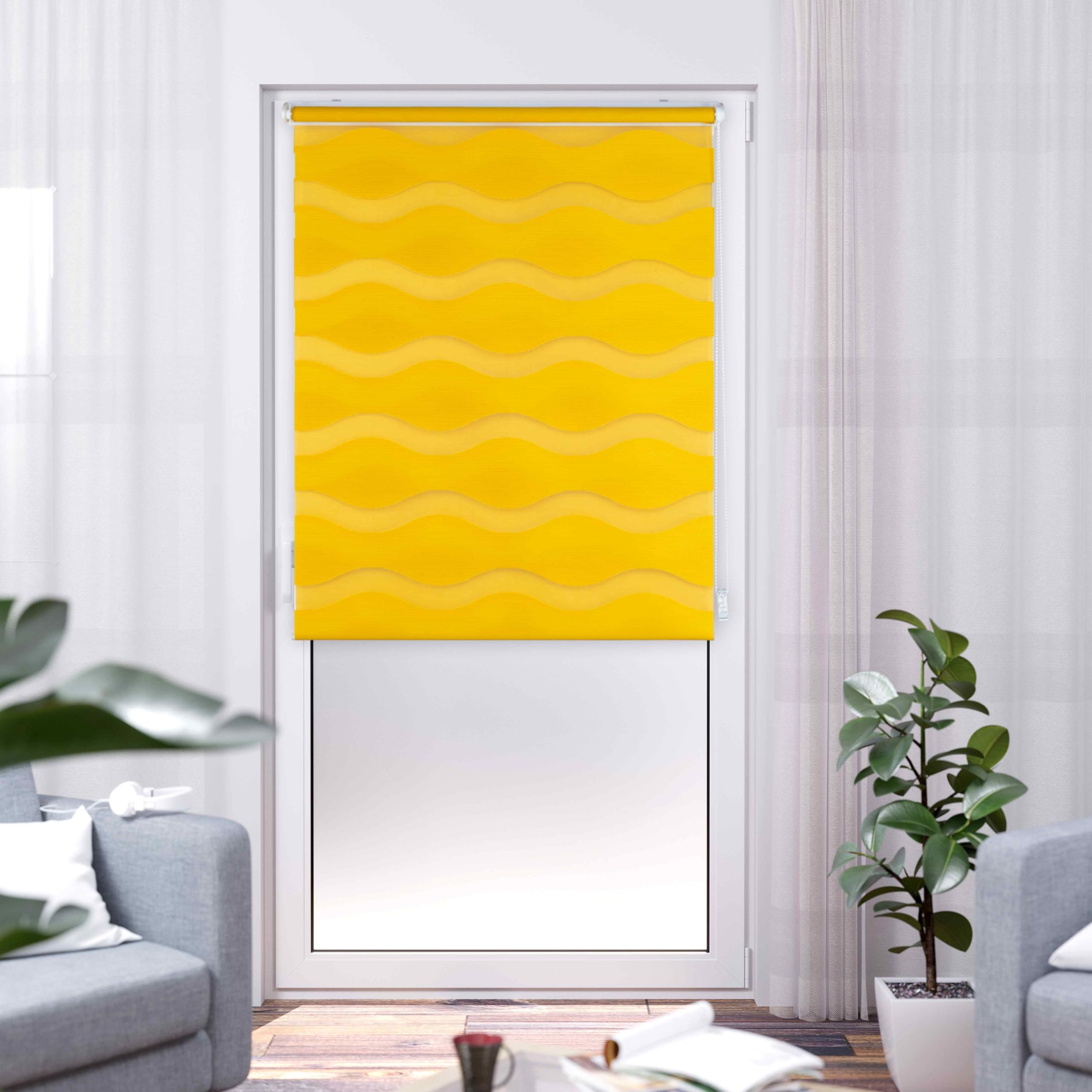 Khome Yellow Klemmfix Double Roller Blind, Wave, No Drilling Required, 80 Cm X 150 Cm (W X L)