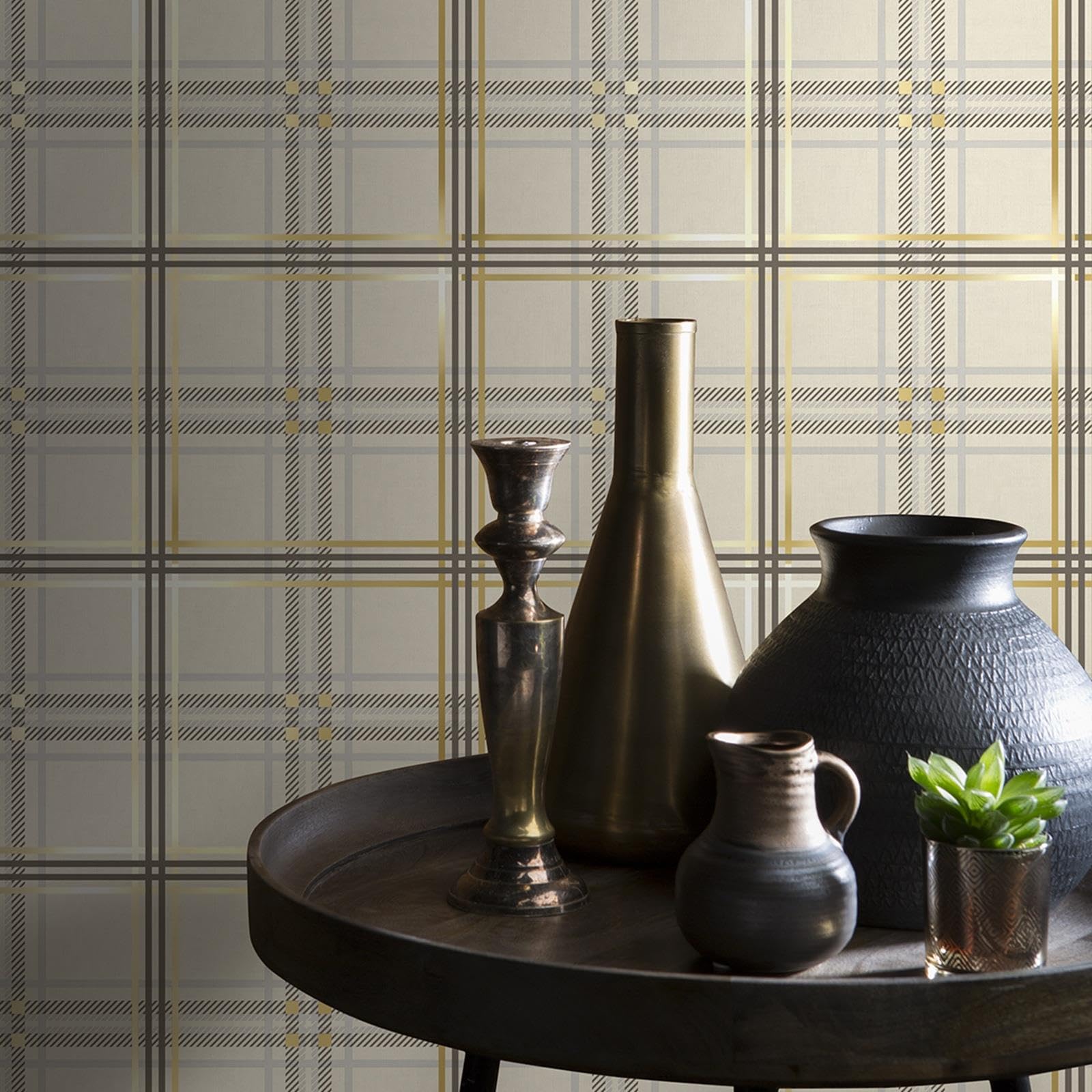 SOPHIE LAURENCE Cream Tartan Check Wallpaper Gold Metallic Shimmer Smooth Finish Feature Wall Hallway Bedroom Bathroom 10m x 0.53 m
