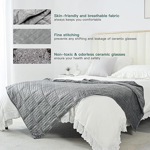 Miniatura 2 de Lofus Manta con peso para adultos, transpirable y suave, manta pesada con cuentas de cerámica para dormir y relajarse, manta con peso a cuadros