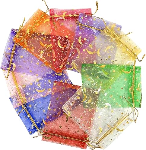 100 bolsas de regalo de organza de 3.5 x 4.7 pulgadas, bolsa de dulces con cordón de estrella de luna para bodas, colores mixtos
