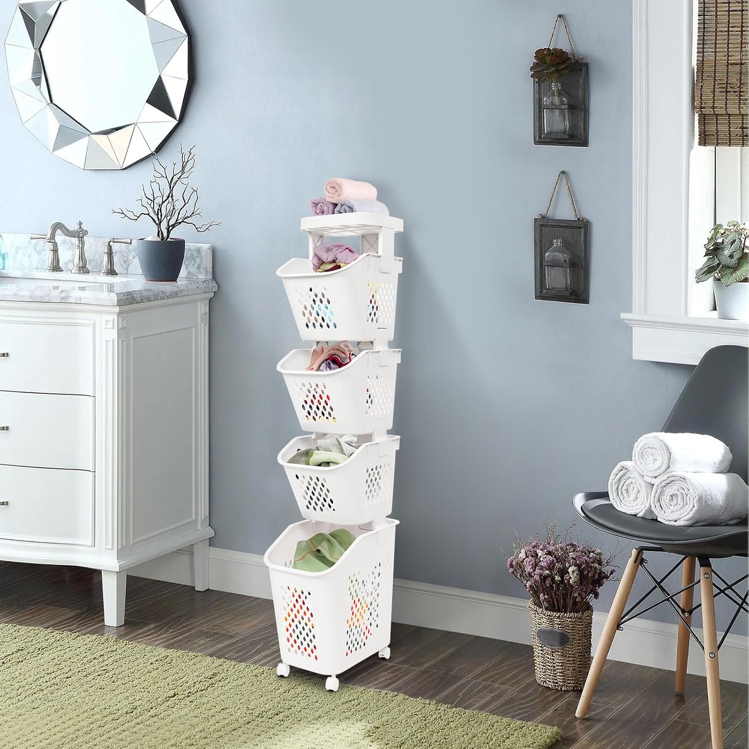 4-Tier Laundry Hamper Sorter with Wheels, Vertical Rolling Laundry Baskets Removable and Stackable, Space-Saving Cart Organizer for Dorm, Closet and Bathroom (4-Tier)