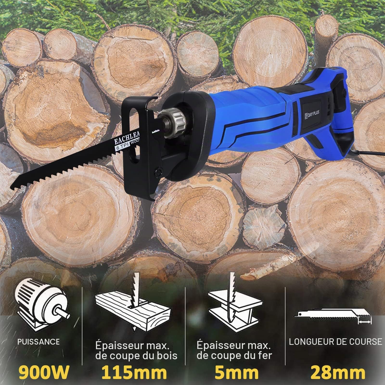 Royalswill Scie Sabre, Professionnelle 900W Égoïne Électrique 0~2800 trs/min Vitesse Variable, a metaux, bois, Course 20 mm, Fournie avec 5 lames de scie, Changement Lame Sans Outil
