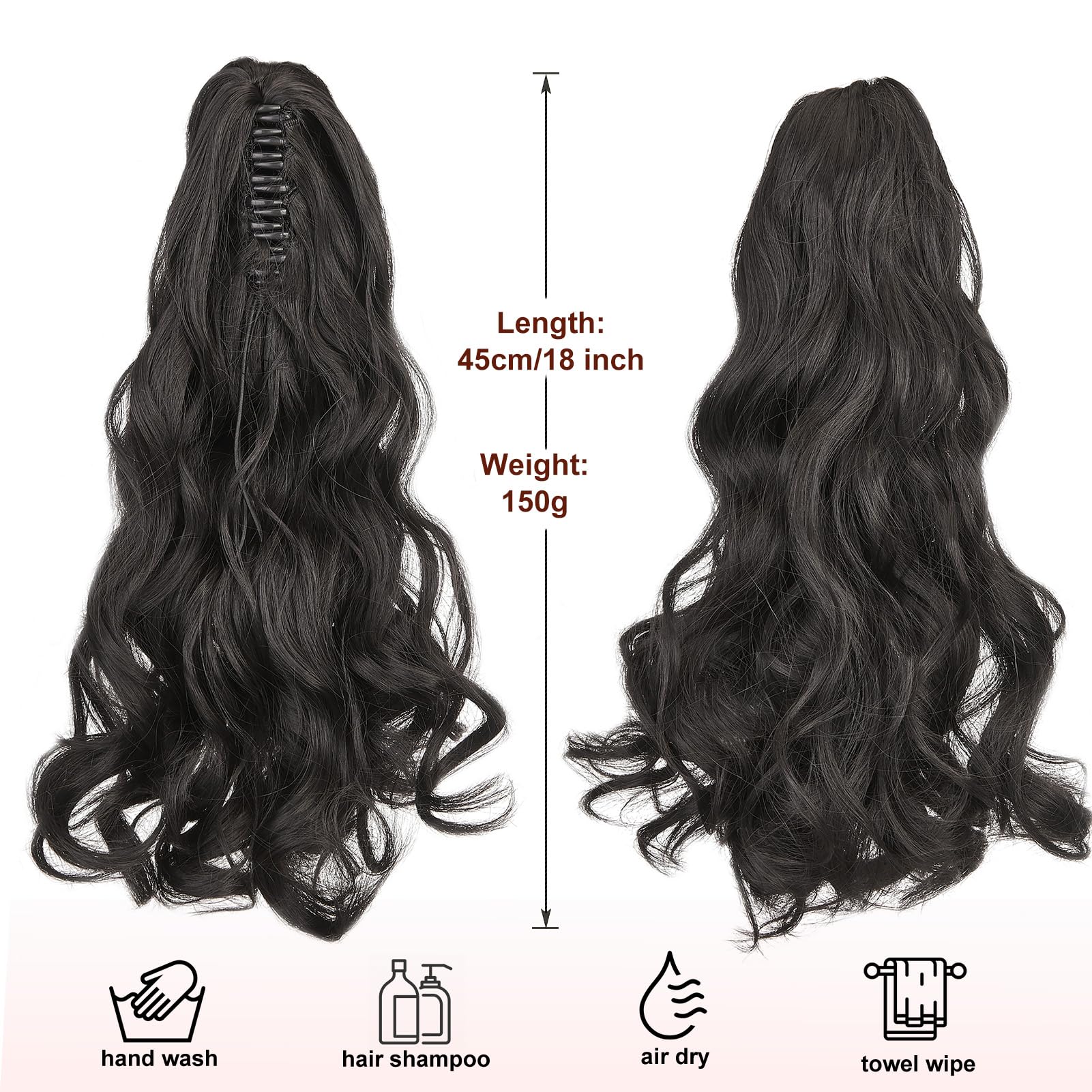 Dcbaboo 18inch Claw Clip in Ponytail Hair Extensions Long Wavy Ponytail Extension Curly Synthetic Pony tails Natural Wave One Piece Hairpiece Fake Ponytail for Women Dark Brown - Image 3
