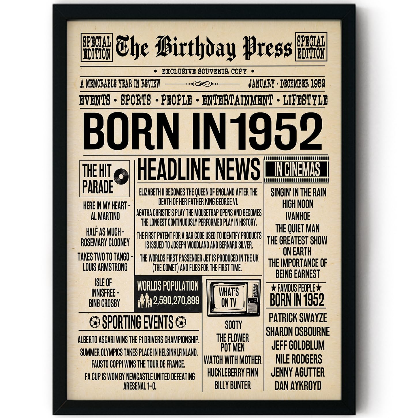 Stuff4 74th Birthday Poster Framed - Born In 1952 Newspaper - Happy 74th Birthday Gifts for Men Women Vintage Retro Back In 1952, 8x10 Inch Bday Party Decor Decoration