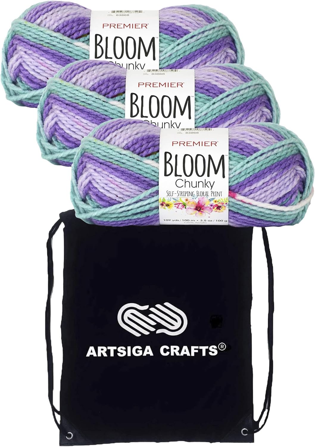 Premier Yarns Bloom Chunky Wildflower 1114-10 (3-Pack) Same Dyelot Chunky Bulky #5 Soft Knitting Yarn 100% Acrylic with Project Bag