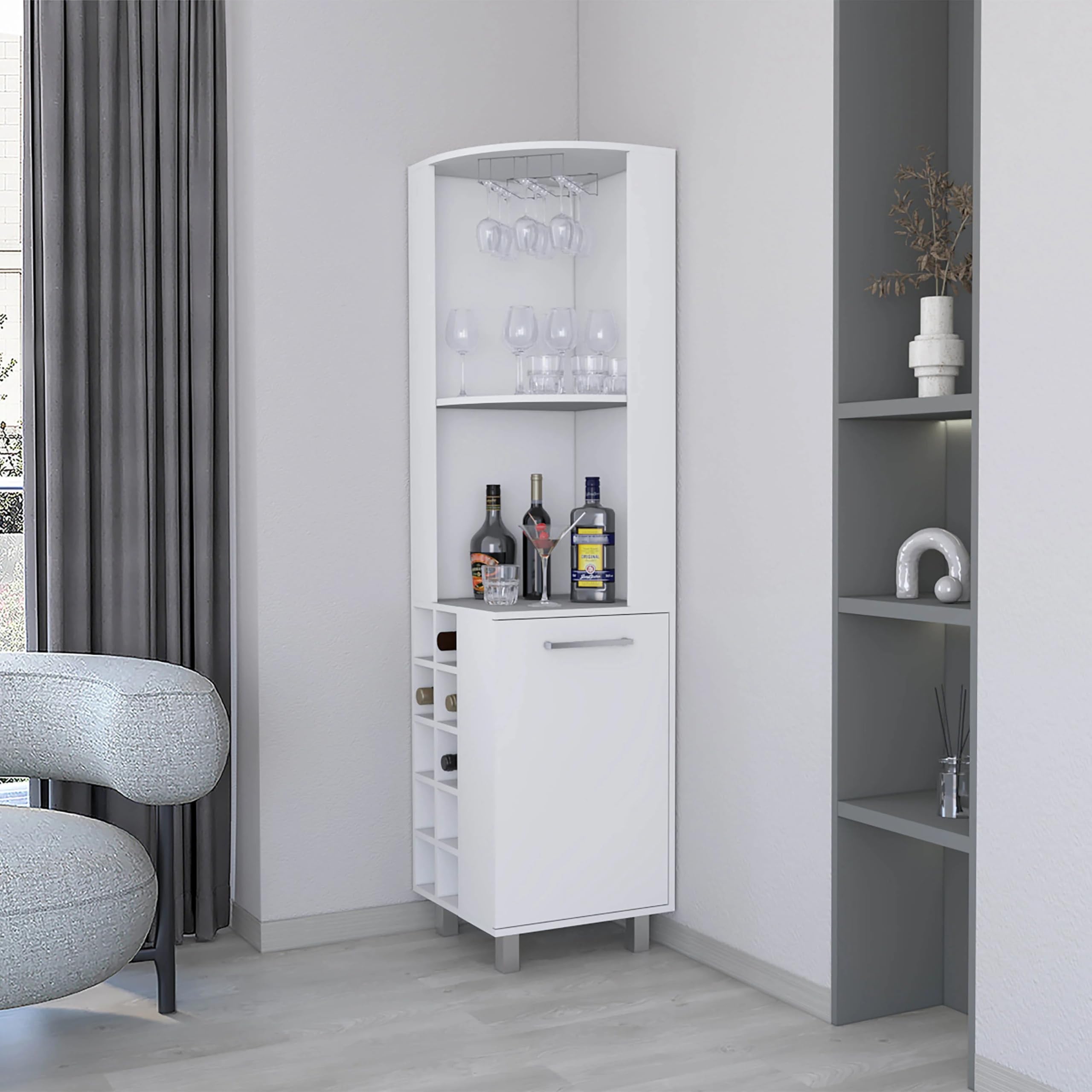 JCSD Maximize Space with White Corner Bar Cabinet, Glass Holder & Wine Rack, Modern Design for Living Room or Dining Area