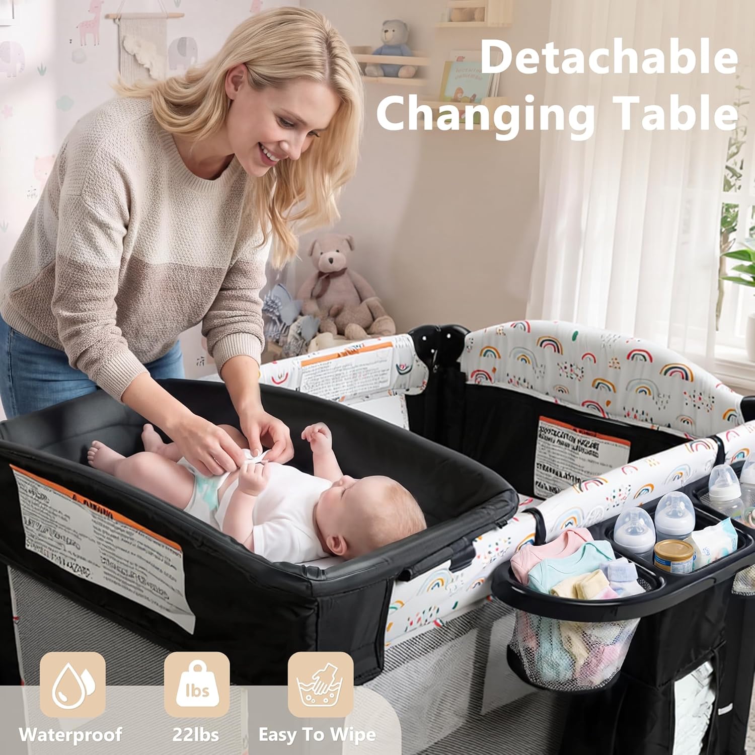 Kinder King 4 in 1 Portable Baby Playard, Foldable Baby Bedside Crib w/Bassinet, Infant Pack and Play Playard Toddler Large Playpen, Newborn Changing Table, Storage Basket,Multicolour
