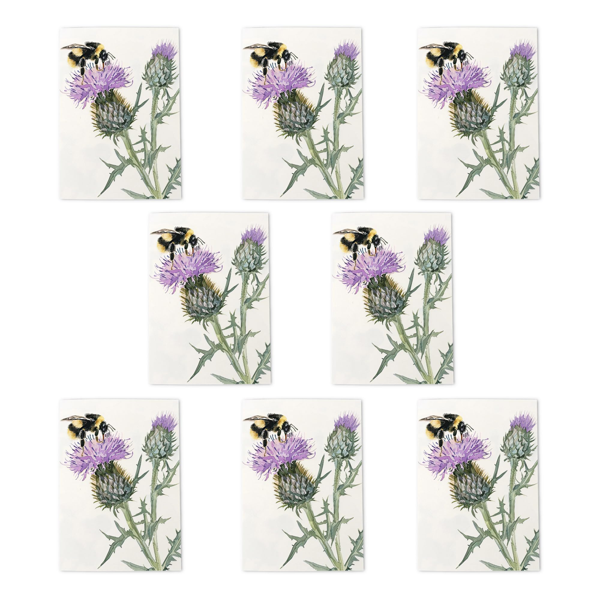 Watercolour Bumblebee Thistle Greeting Cards Pack of 8 Scottish Floral Art Note Cards Any Occasion Blank Inside A6 10x15cm