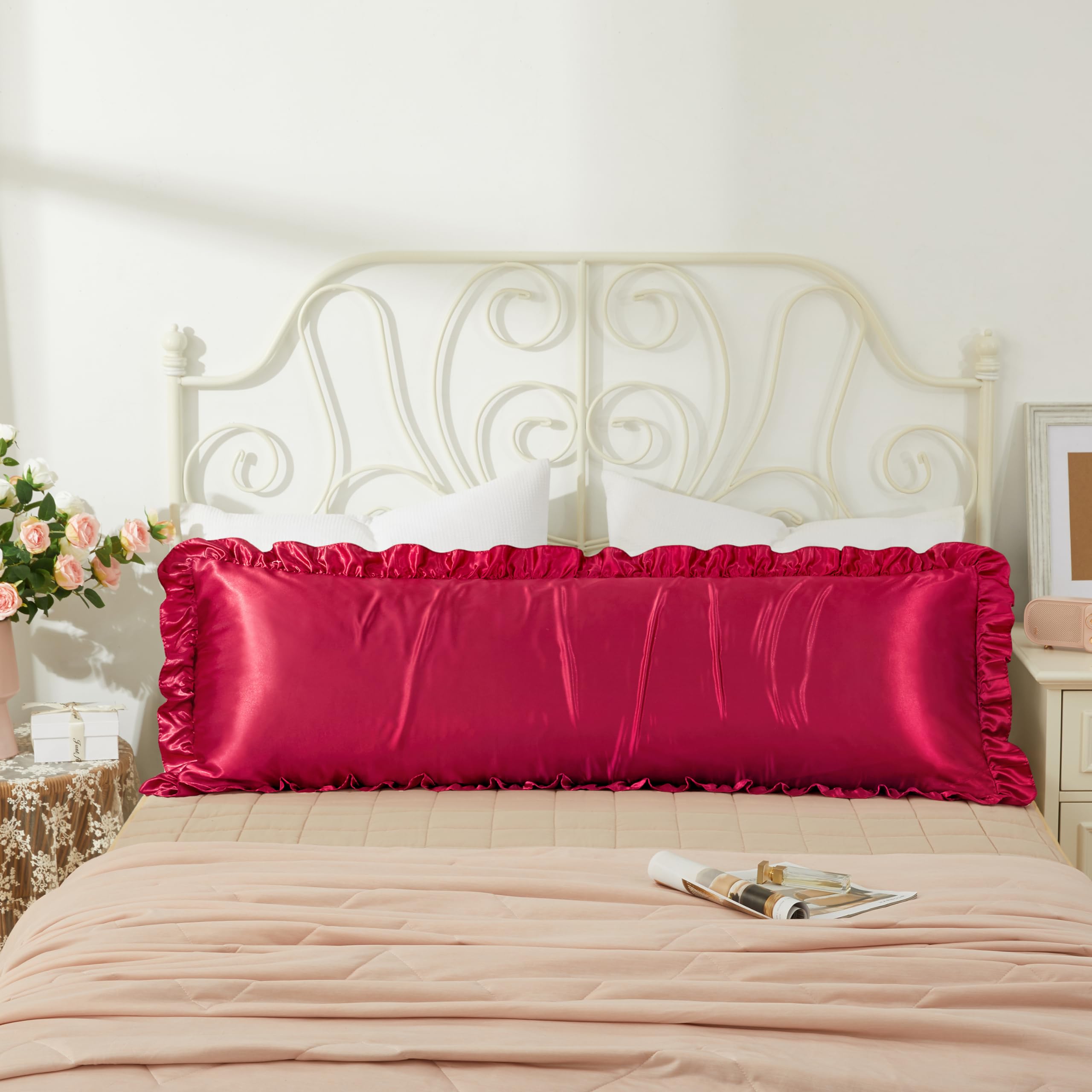 HommxJF Wine Red Satin Pillowcases Body Pillow for Hair and Skin,Wine Red Body Pillow Silk Pillowcase with Envelope Closure Princess Room Decoration