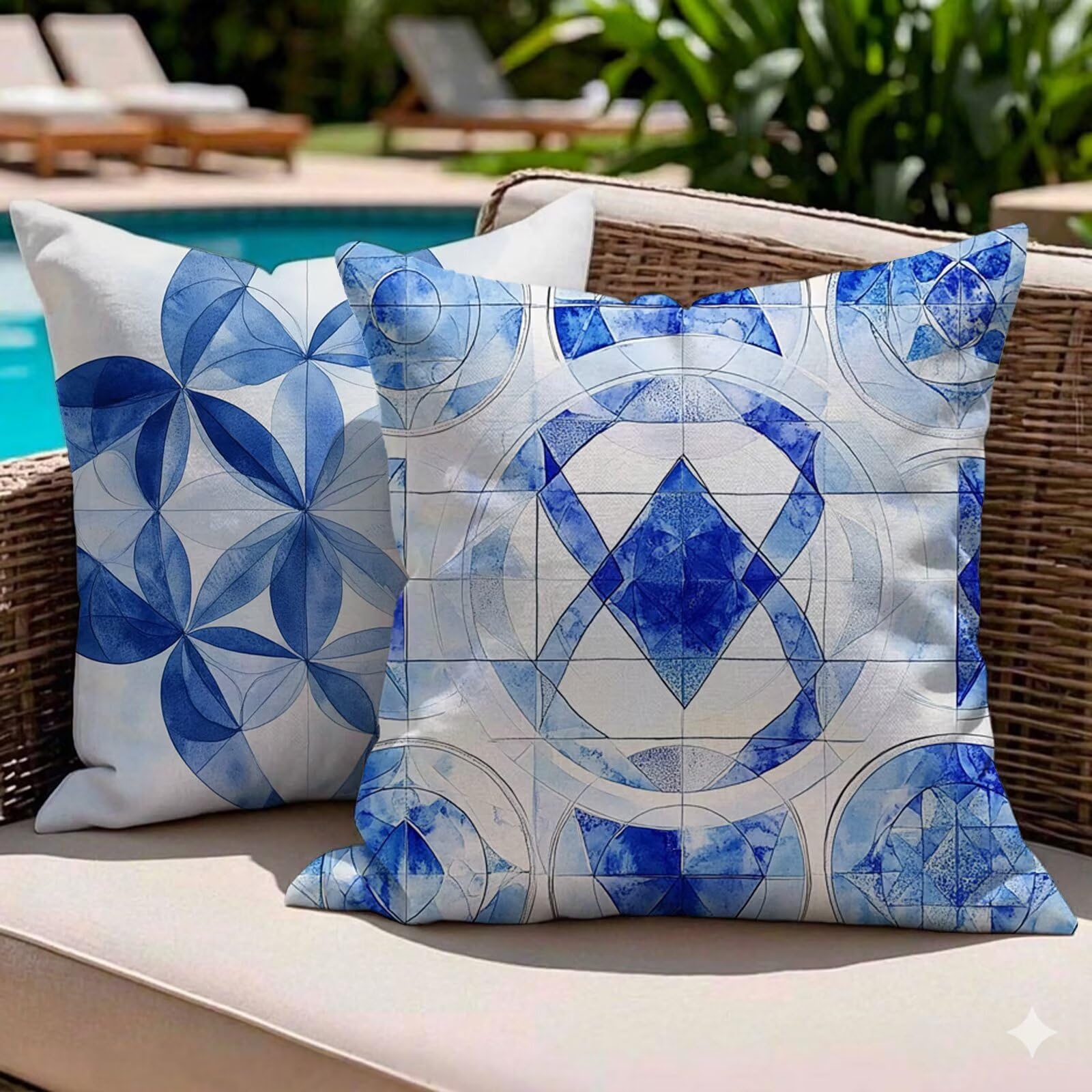 Housses coussin extérieur 60x60 imperméables en lin imprimé bleu