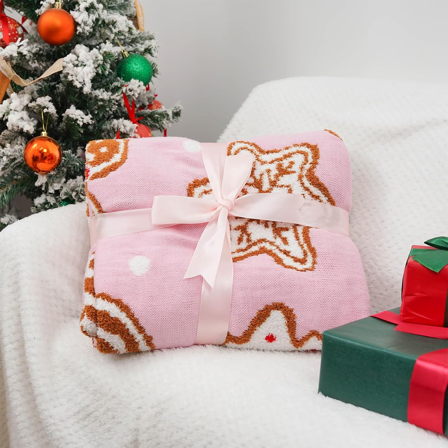 Pink Christmas Blanket Gingerbread Knit Decor Candy Cane Reversible Ultra Soft Cozy Throw Blankets Gifts for Family Home Sofa Couch Bed 50x60 Inch - Image 6