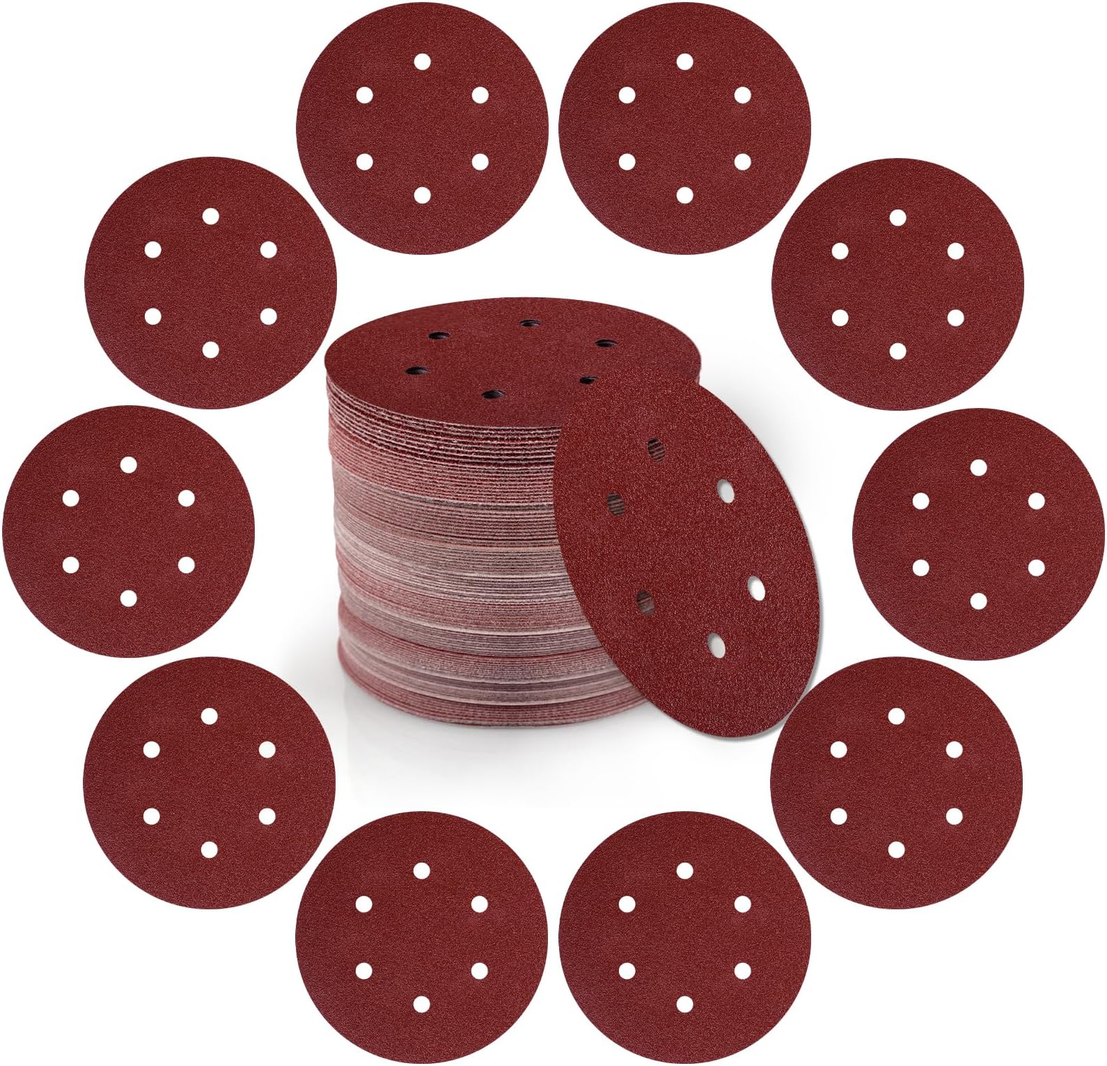 Tongbay 100pcs 6 Inch 6 Hole Sanding Discs Set Hook and Loop Sanding Discs Sand Paper for Random Orbital Sander 80 Grit