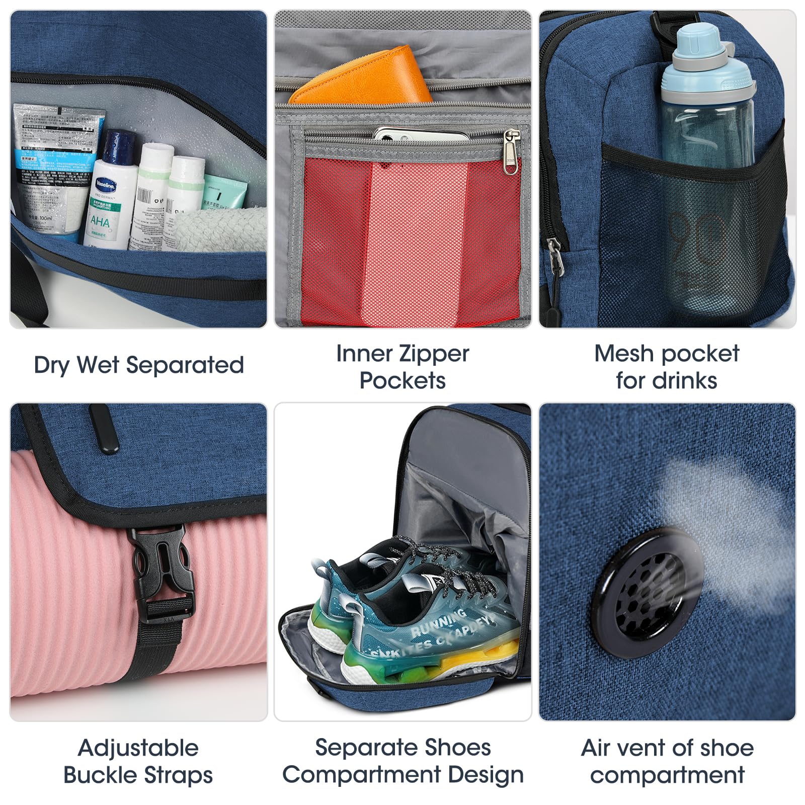 Borsa sportiva da palestra con scomparto per scarpe e tasca bagnata, borsone da viaggio da 40 l 55 l, per uomini e donne, impermeabile, borsone sportivo per nuoto, Blu, 55L, borsa da palestra
