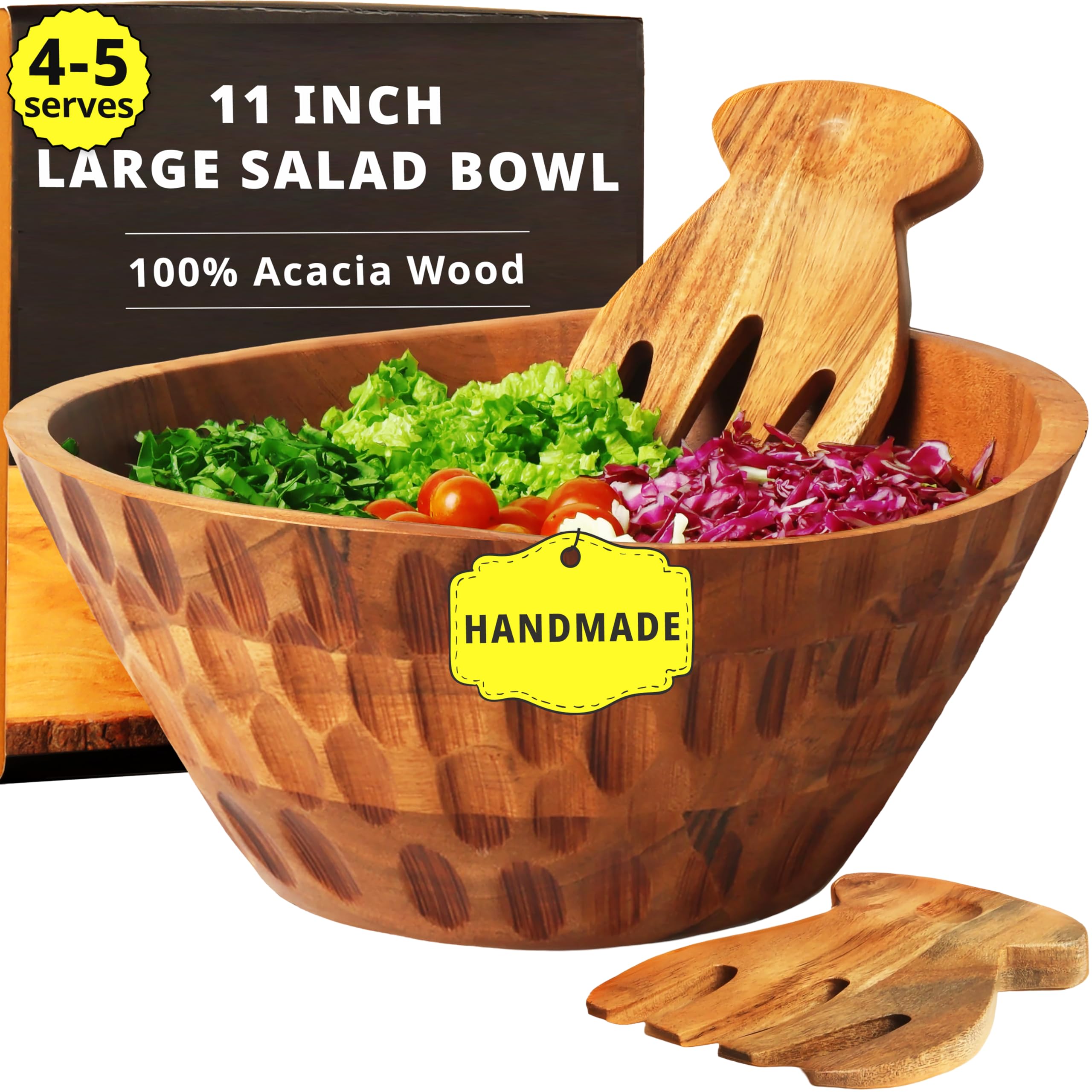 Juego de ensaladeras de madera – Acacia, cuenco de madera de 11 pulgadas con manteles individuales de yute y utensilios de servir, cuenco grande para encimera de cocina, decoración