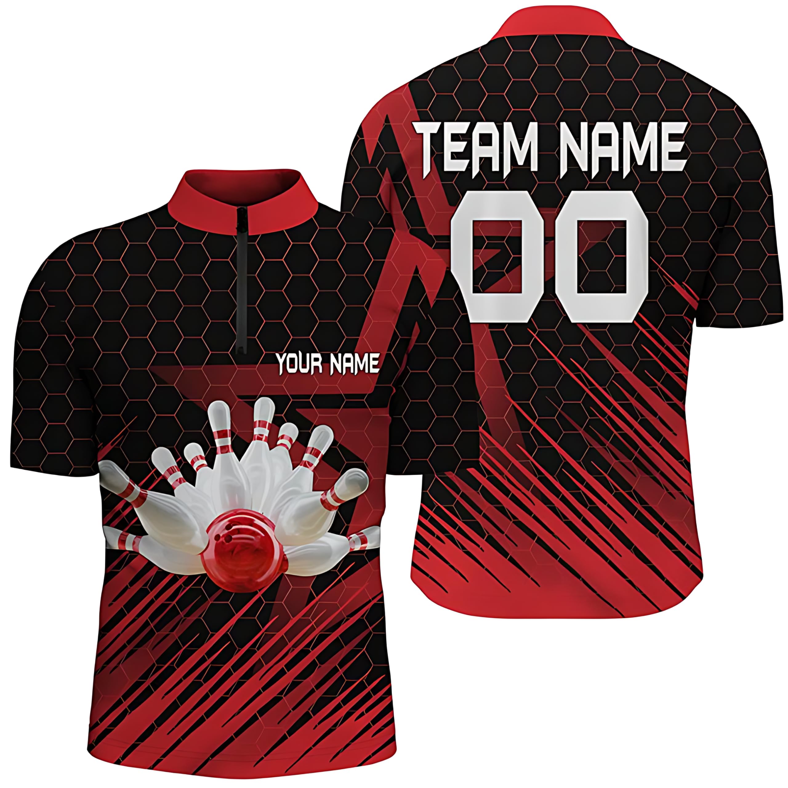 Red Bowling Shirt for Men Personalized Quarter Zip Bowling Jersey 3D Bowling Team Shirt for Men Q5140