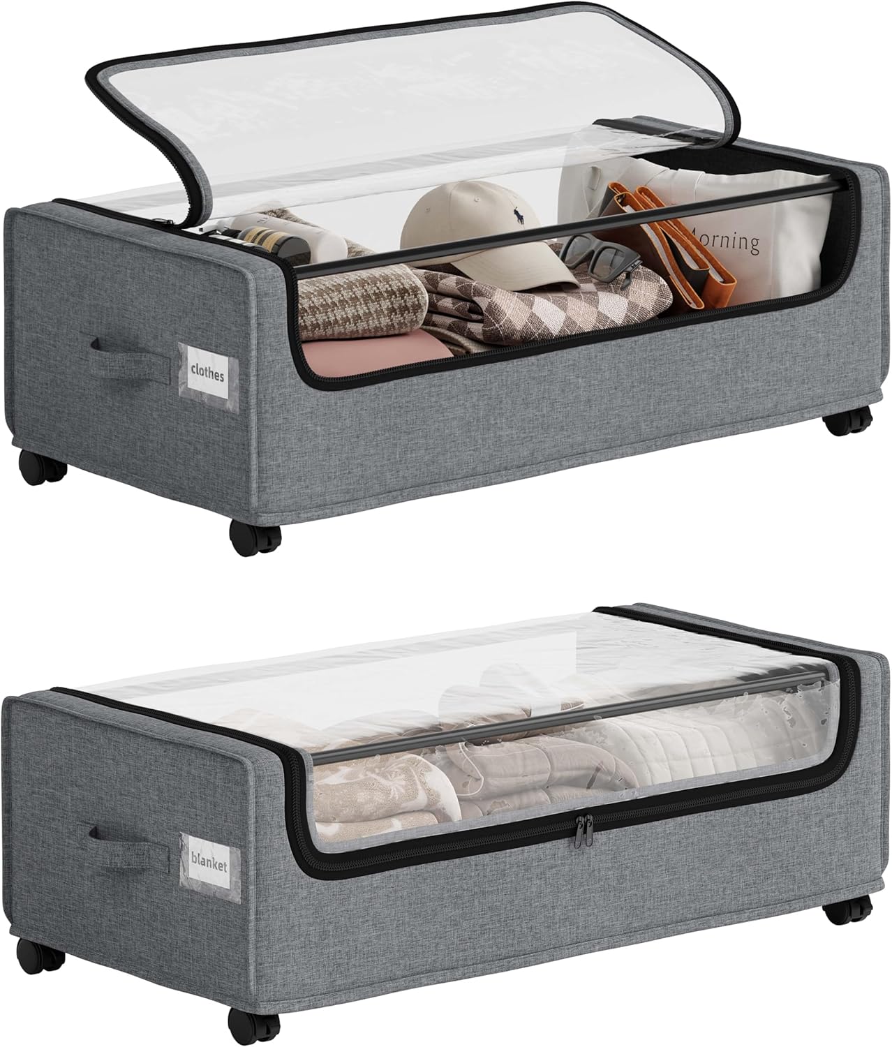 Under Bed Storage With Wheels, Tall Under The Bed Storage, Underbed Storage Containers With Lids, Metal Frame, 90L Capacity, Large Size