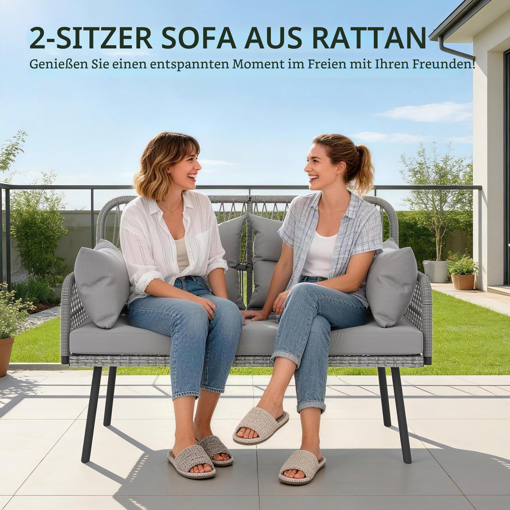 Outsunny Gartensofa mit Kissen und Kopfkissen, 2-Sitzer aus geflochtenem Kunststoff, Outdoor-Sofa mit Armlehnen, Rahmen aus verzinktem Stahl für den Balkon, dunkelgrau
