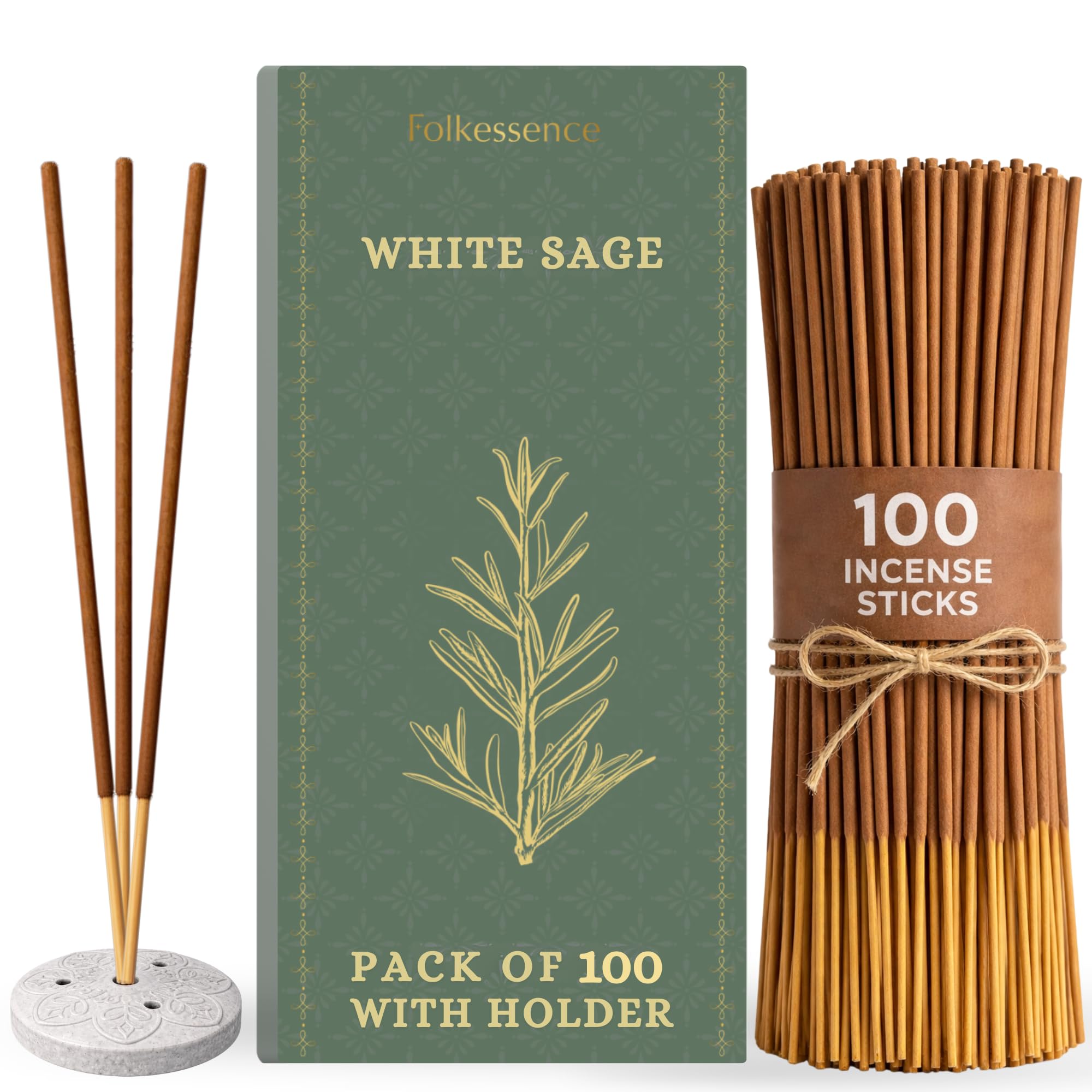 Folkulture White Sage Incense Sticks With Holder (100 Sticks) | Premium Insense For Aromatherapy, Relaxation, Meditation & Home Fragrance | Charcoal Free, Non Toxic Incense Sticks | Home Decor Gifts