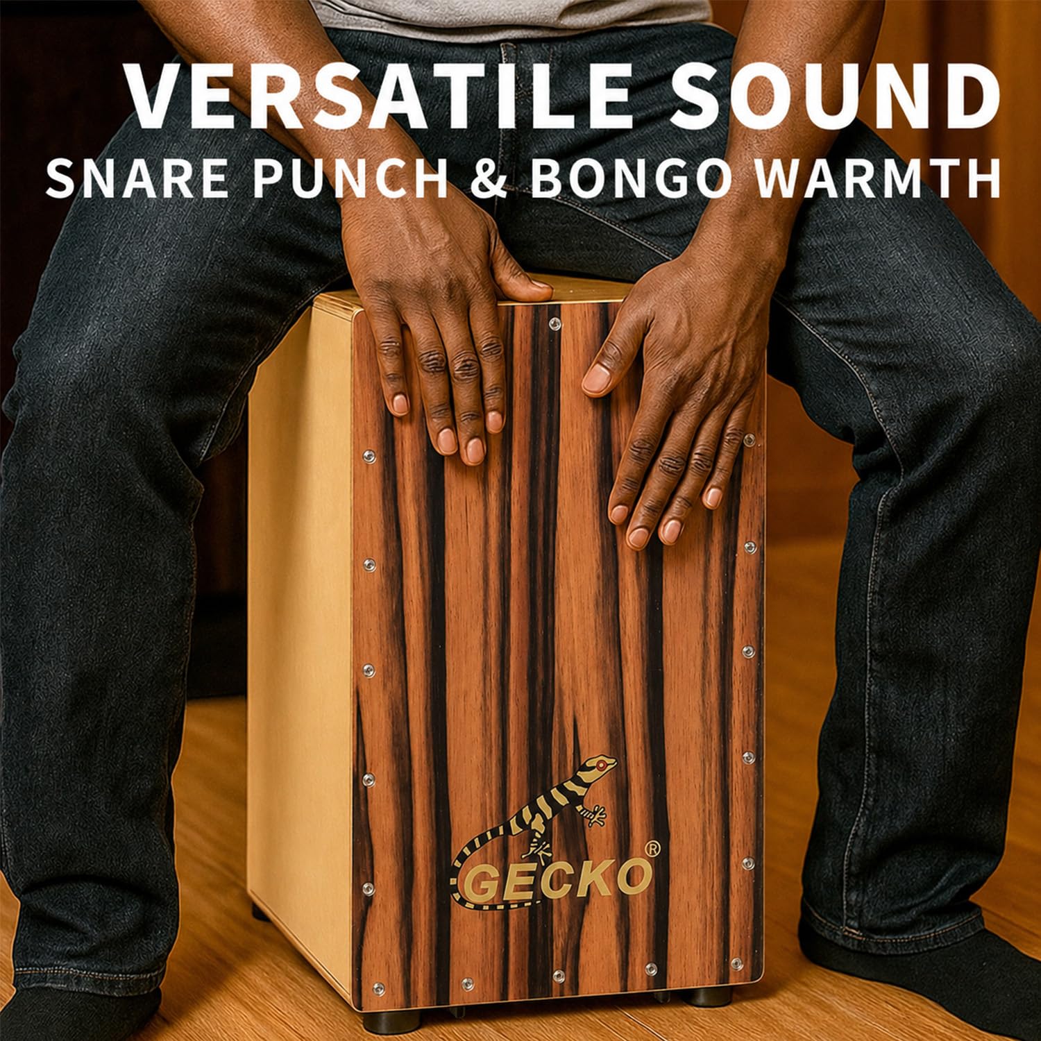 GECKO – Boîte de batterie cajon avec cordes internes réglables sans outil – Instrument de musique à percussion en bois de 48 cm, caisse de grosse caisse acoustique