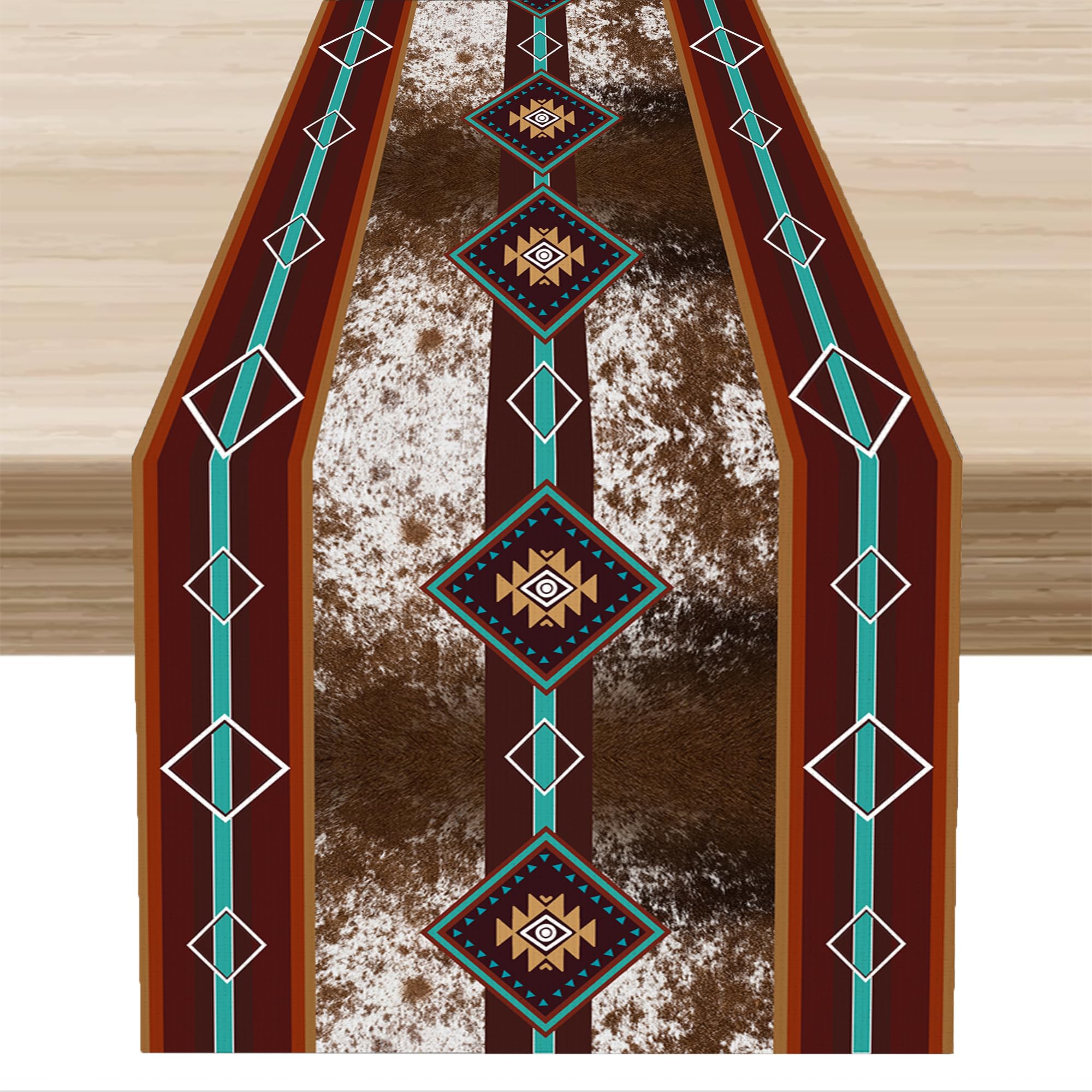 Western Table Runner, Retro Brown Cowhide Southwest Tribal Aztec Farmhouse Table Runner for Kitchen Dinning Table Decor Home Wedding Party Holiday, 13x70 Inch