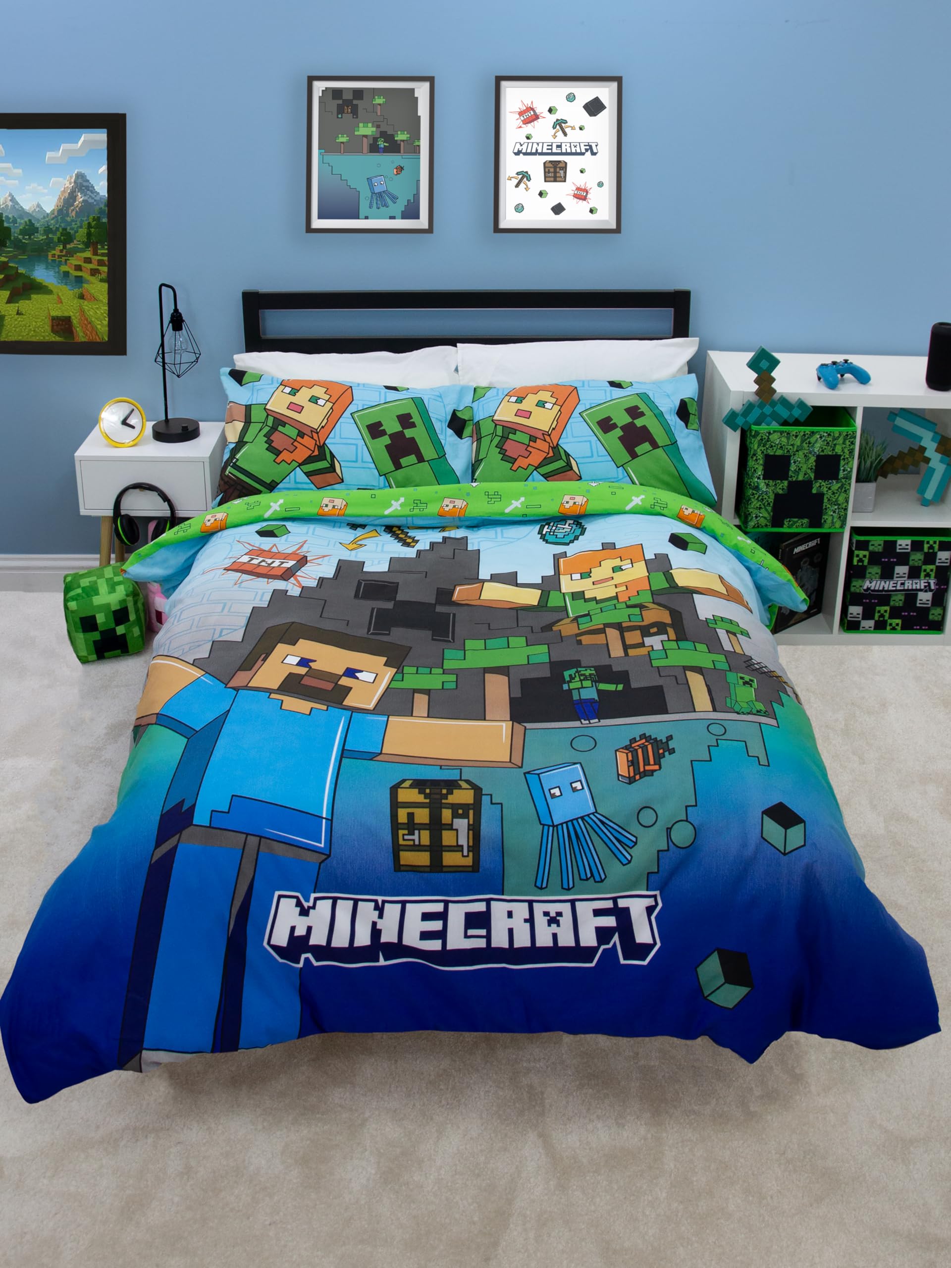 Set copripiumino matrimoniale ufficiale del film Minecraft di Character World | Biancheria da letto reversibile a 2 lati con design Levels e federe abbinate | Set letto matrimoniale