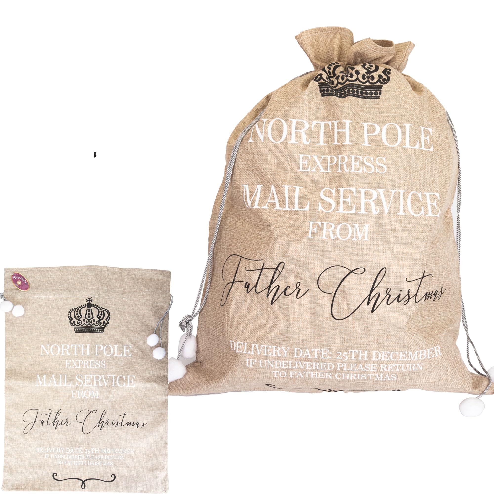 Extra Large Santa Sack 60x80 cm – Hessian Beige North Pole Express Mail Service Stocking Gift Bag with Drawstring, Christmas Accessories