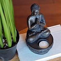 Vista 9 de Seated Buddha Tealight Portavelas, juego de 2, pose de felicitación o Namaste, base de loto, 7.5 pulgadas de alto x 4.25 pulgadas, hecho a mano