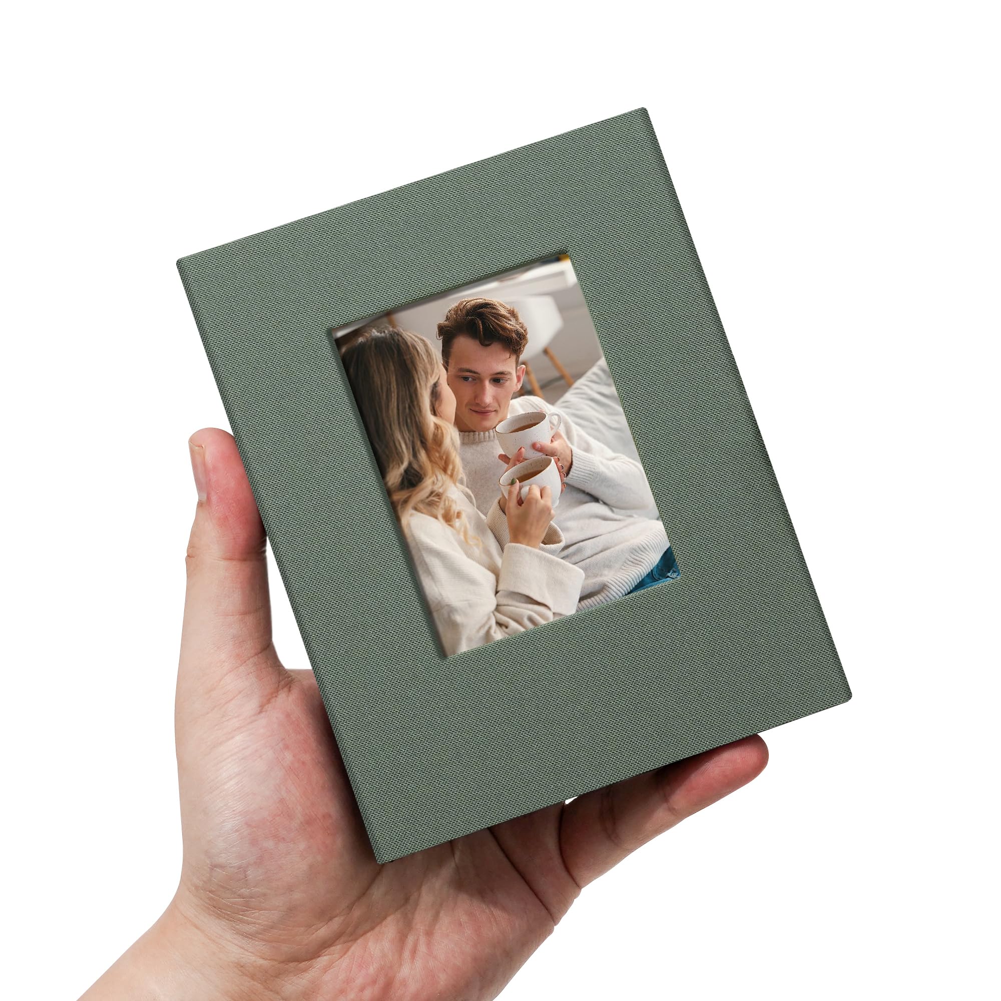 Remowith 6x4 Photo Album Slip in 100 Pockets, Linen Fabric Cover Photo Book with Customisable Cover Window, Acid-Free Slip-in Pockets for Family, Travel, Baby & Memory Storage,Grey Green
