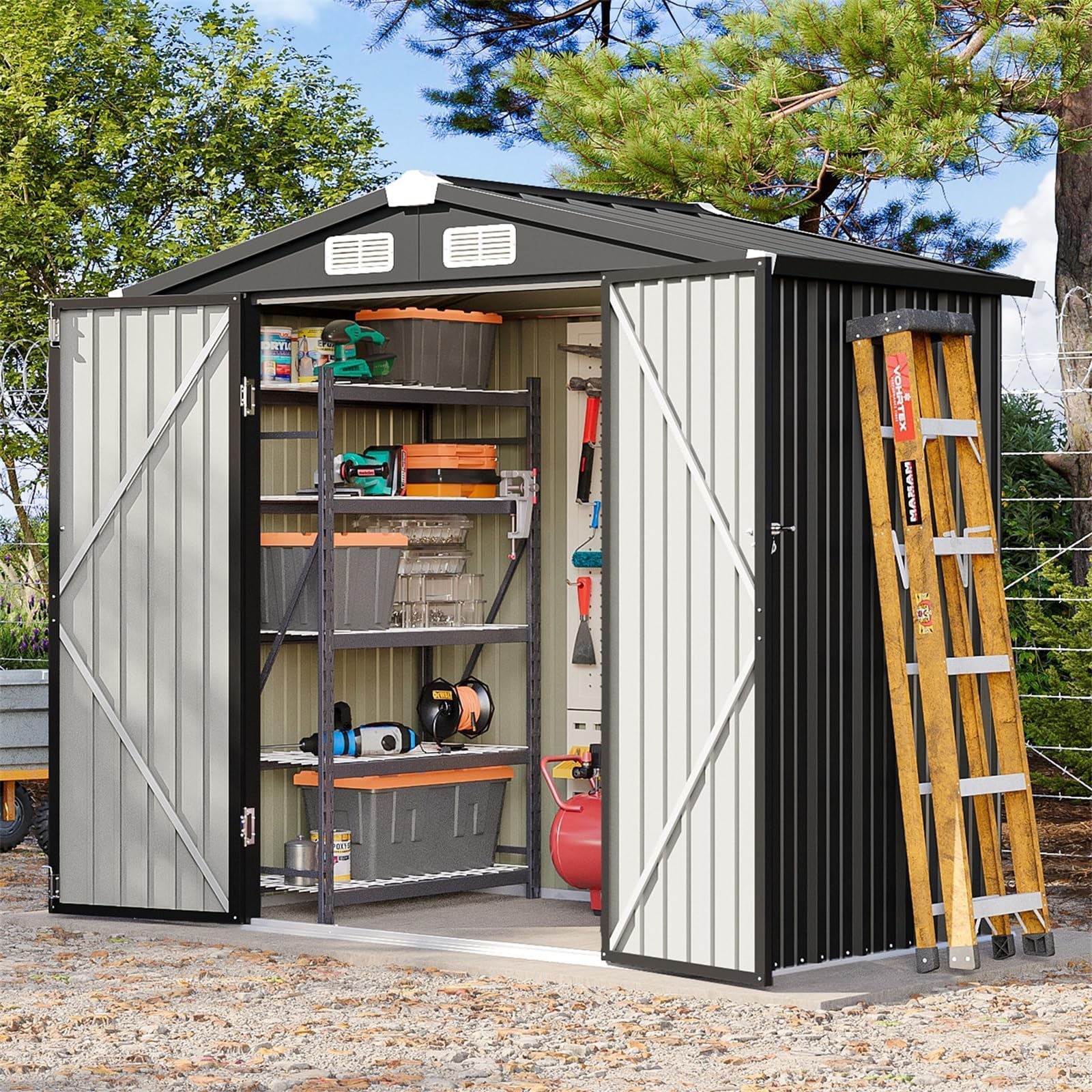 Aoxun Garden Sheds 6x4ft, Metal Shed Bike Tool Shed, Sheds and Outdoor Storage with Lockable Doors & Slooping for Backyard, Patio, Poolside,Brown — view 18