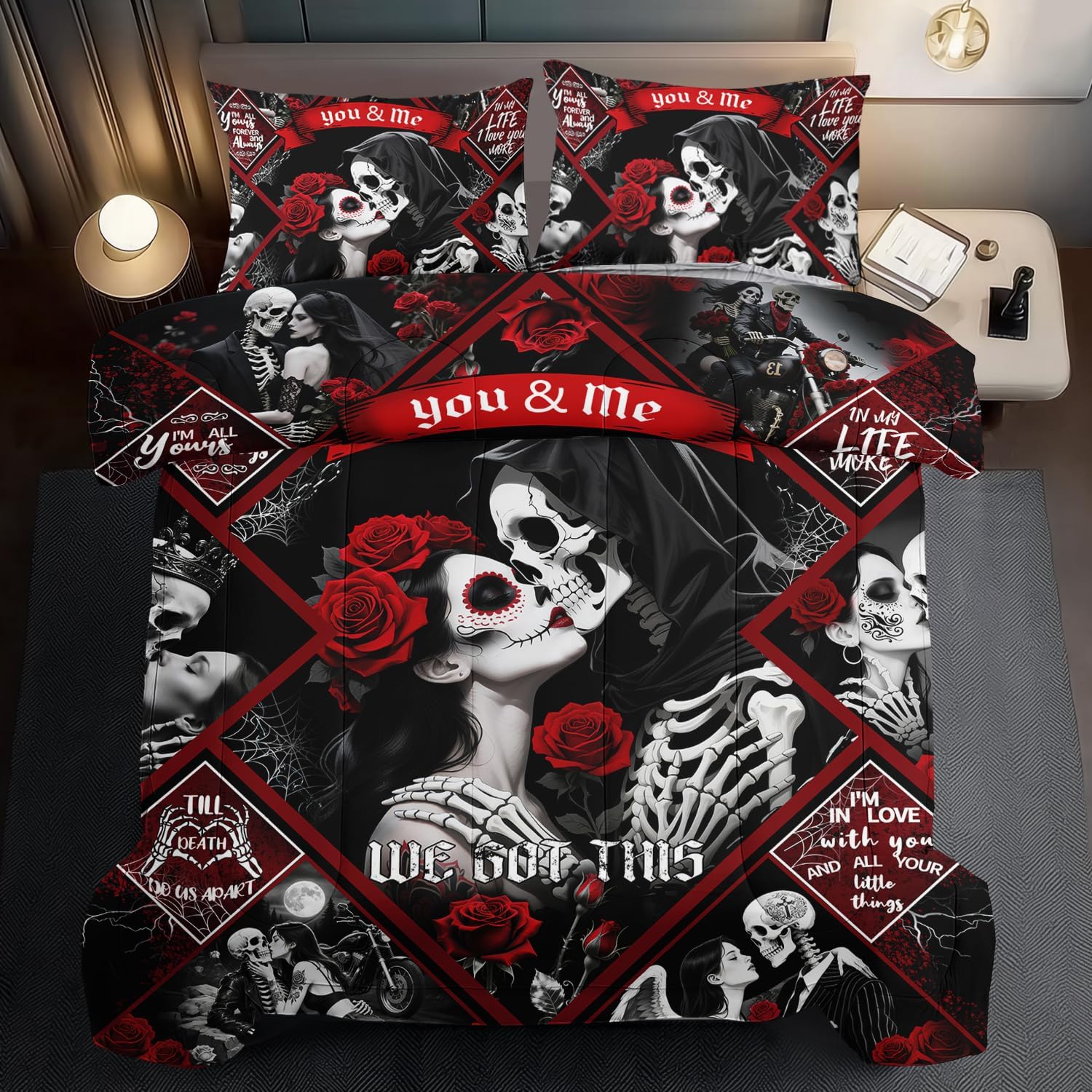 Red Skull Comforter Set Queen Size Women Men Black Goth Bedding Set Girls Gothic Queen Size Comforter Couple Red Rose Couple Bedding Boho Skull Quilt Bedroom Decor